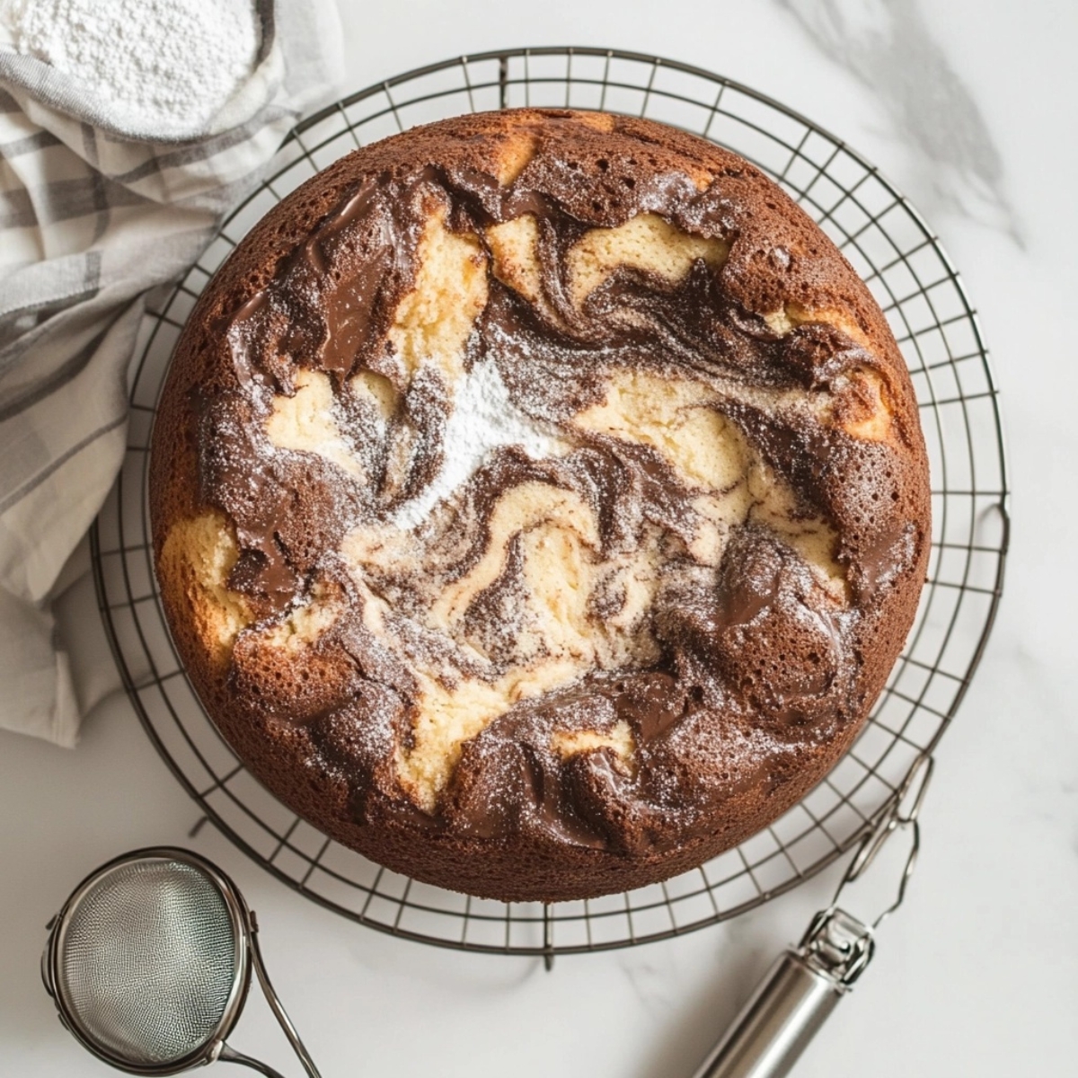 Freshly baked German marble bundt cake cooling on wire rack

