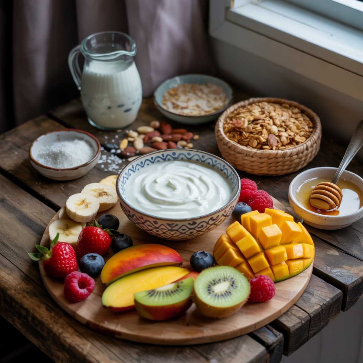 Homemade granola bowl ingredients on a kitchen counter, shot from above
