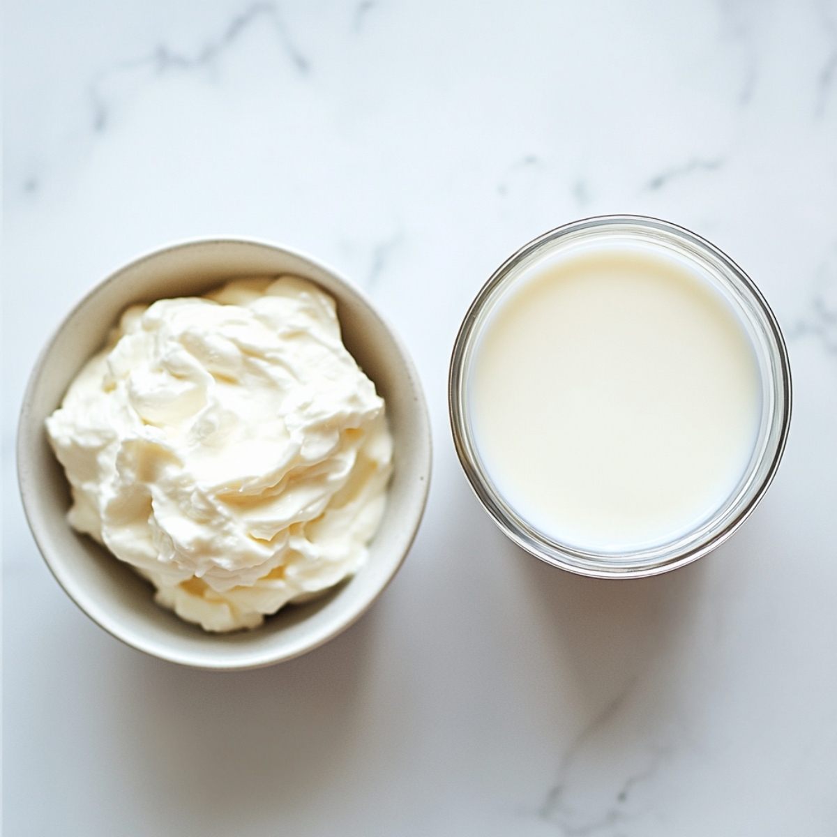 Greek yogurt and milk in bowls on white counter for granola base
