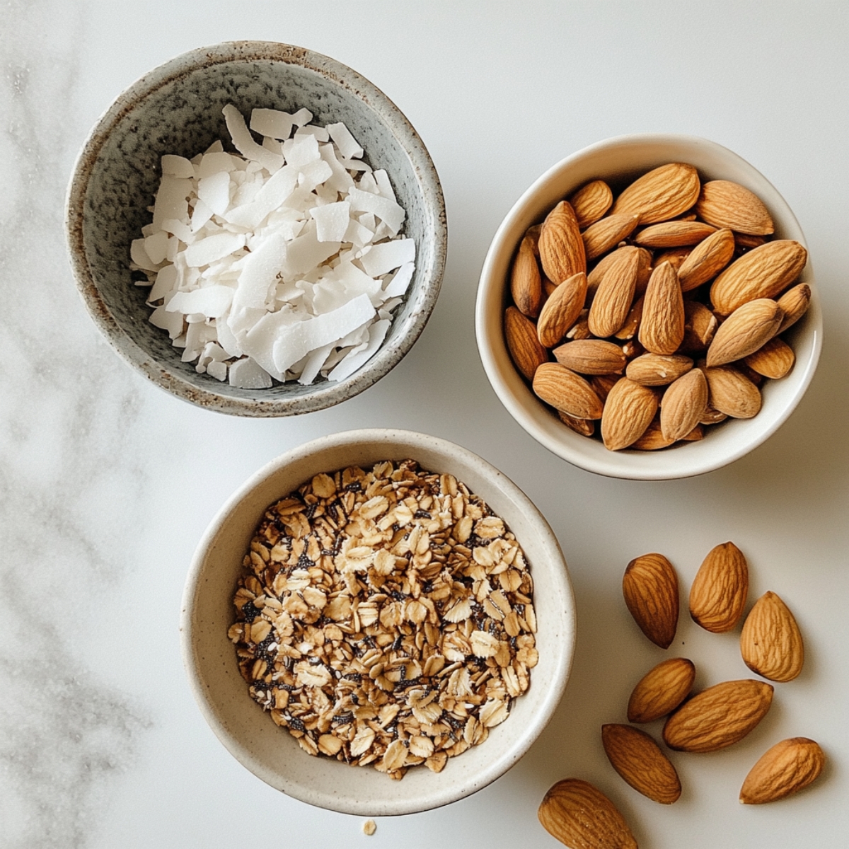 Granola, nuts, and coconut in bowls for layering on yogurt

