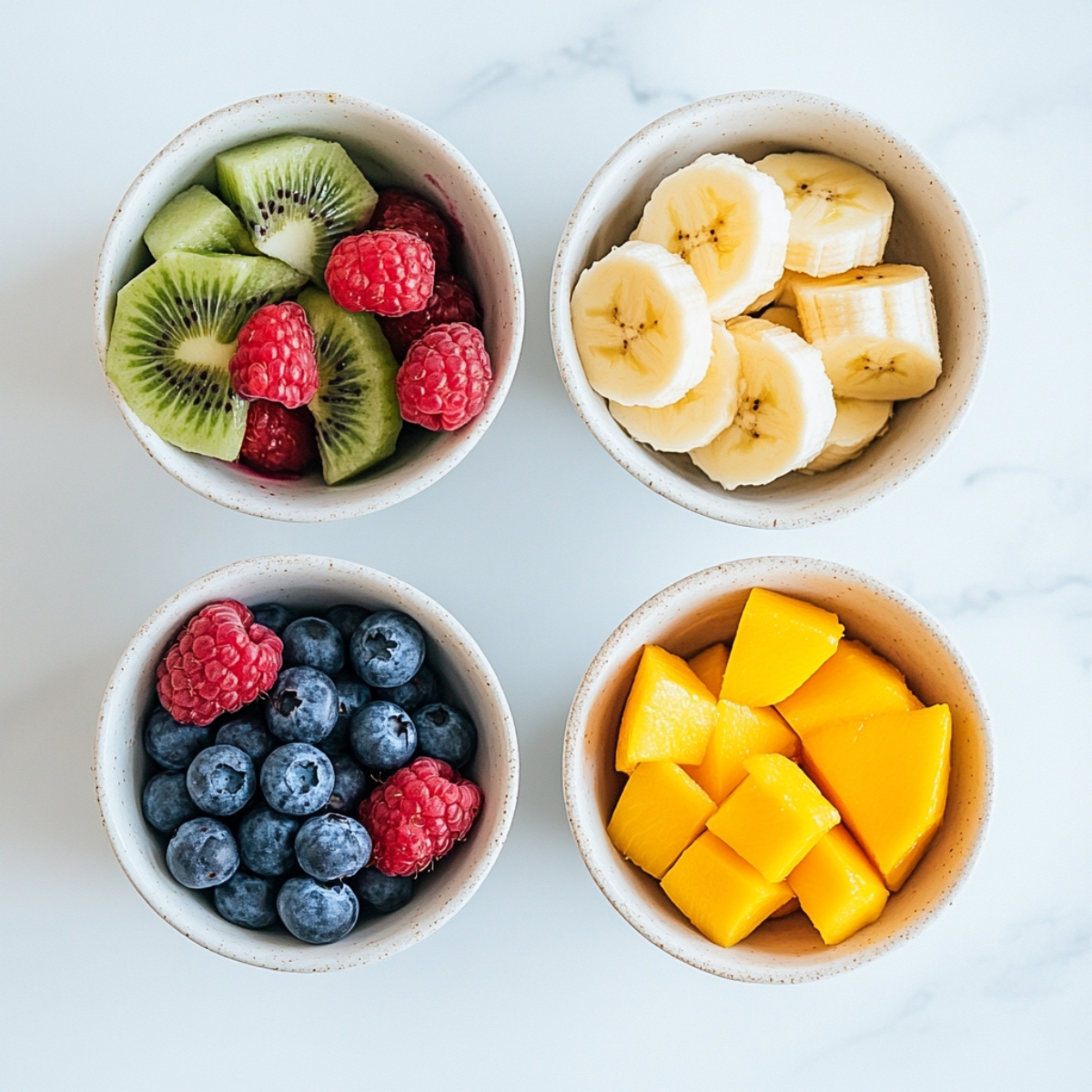 Prepped fresh fruits in bowls for granola bowl toppings

