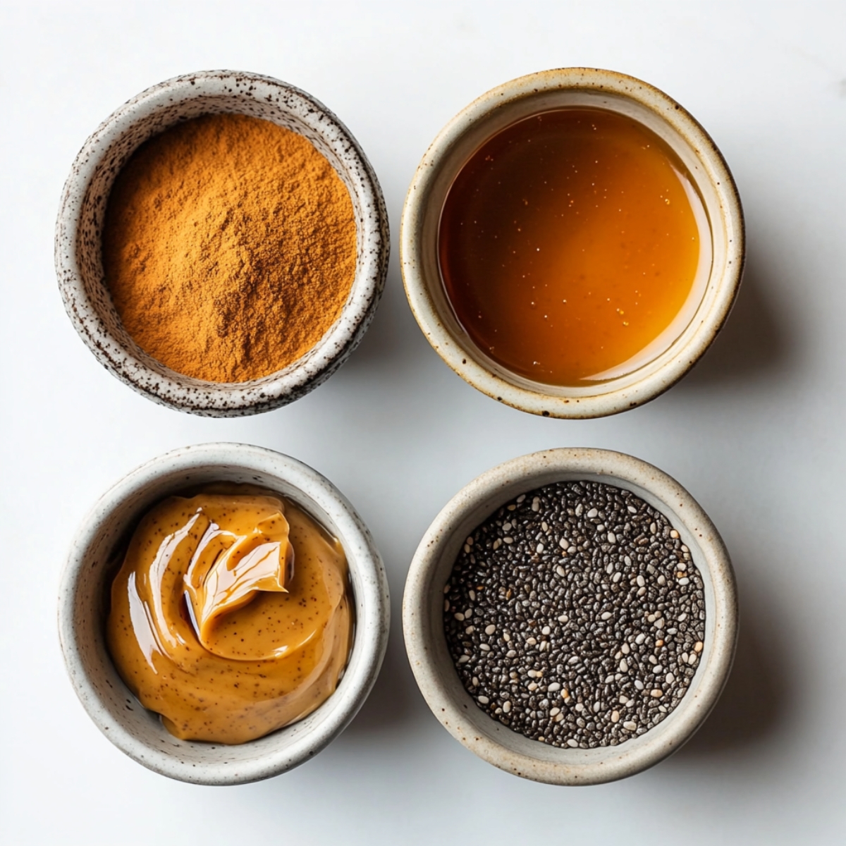 Nut butter, chia, honey, and cinnamon in bowls for topping granola

