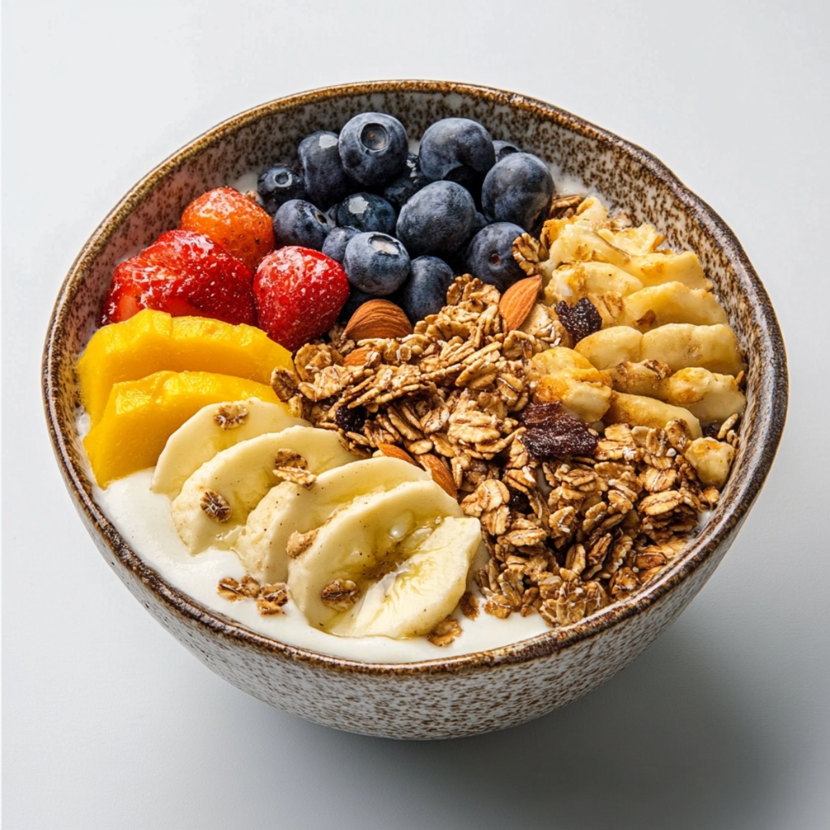 Homemade granola bowl with yogurt, fruit, and toppings on white kitchen counter

