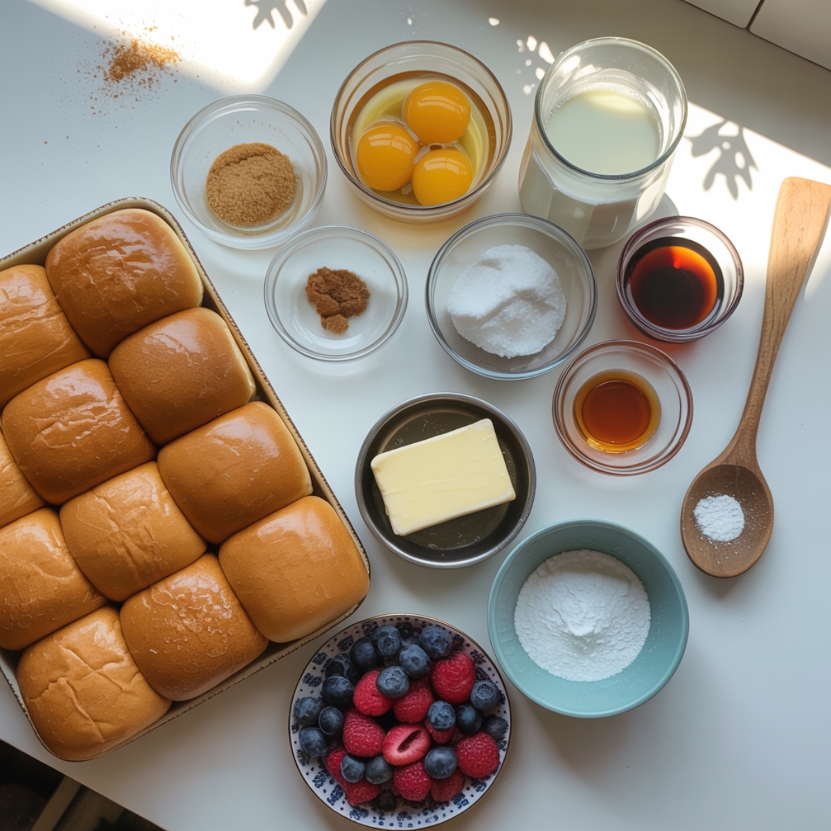 Each French toast ingredient in its own bowl on a white counter