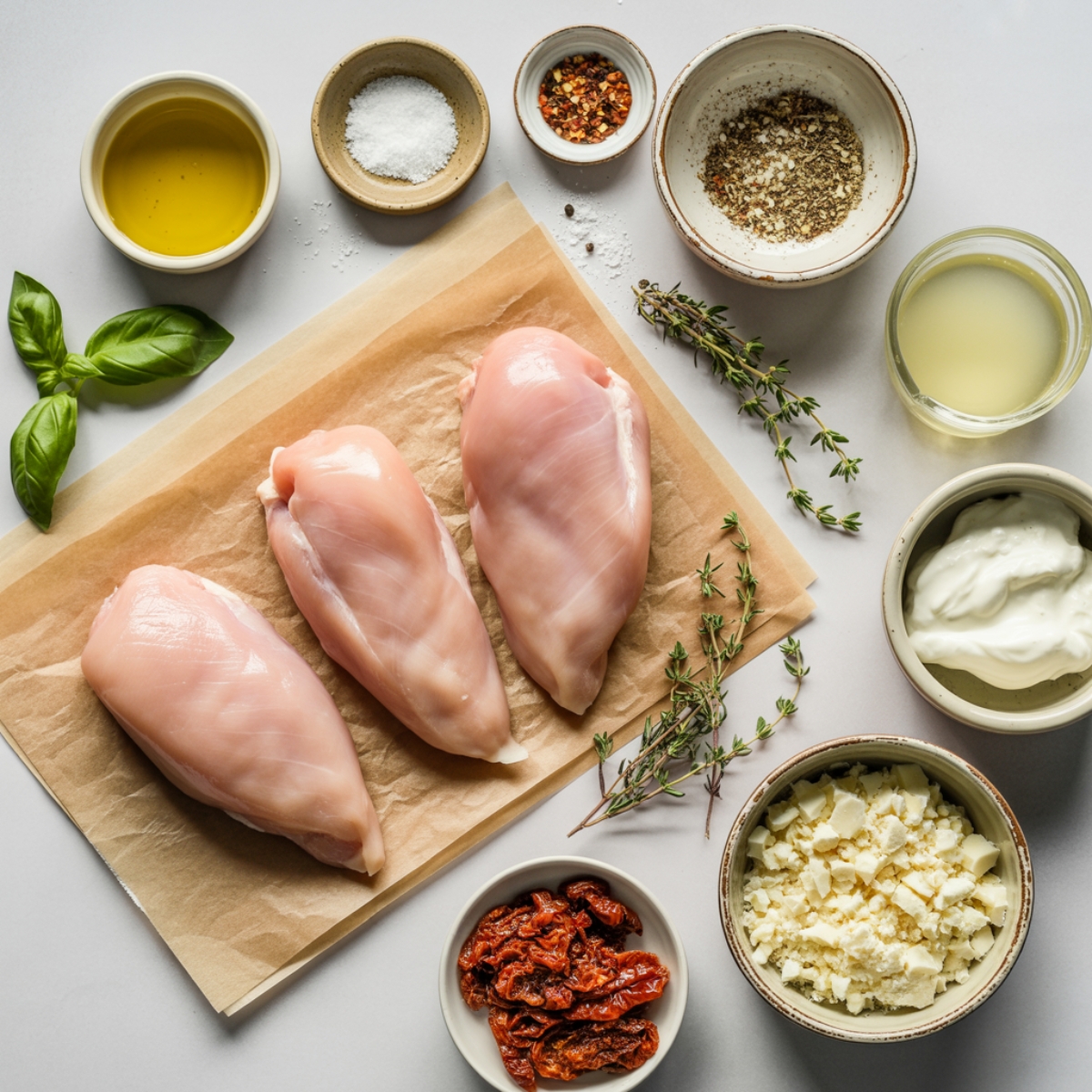 Healthy Marry Me Chicken ingredients laid out on a white kitchen counter.