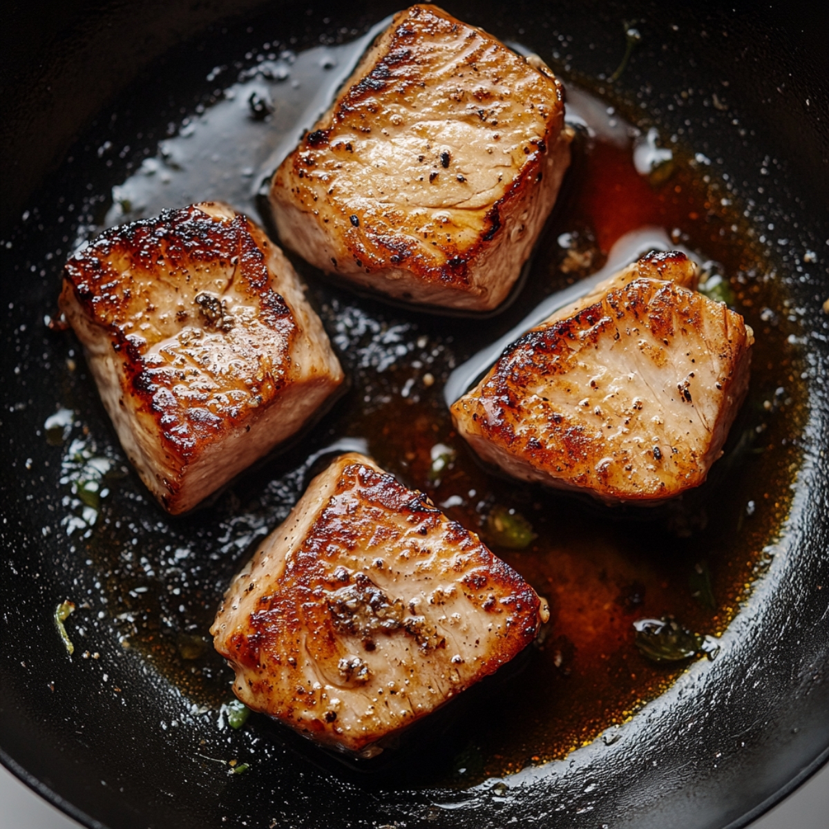 Golden-seared fillets cooking in skillet for healthy marry me chicken.

