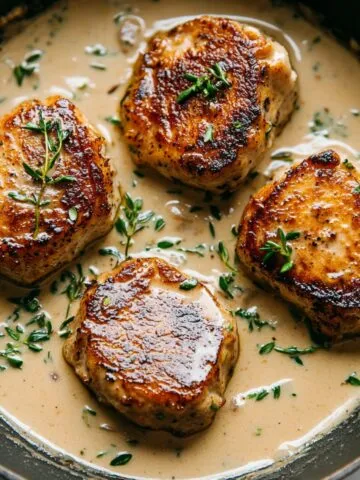 Fillets simmering in creamy sauce for healthy marry me chicken recipe.