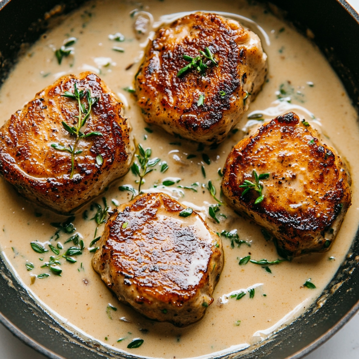 Fillets simmering in creamy sauce for healthy marry me chicken recipe.