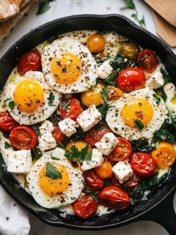 Top-down homemade photo of Mediterranean baked feta eggs in skillet