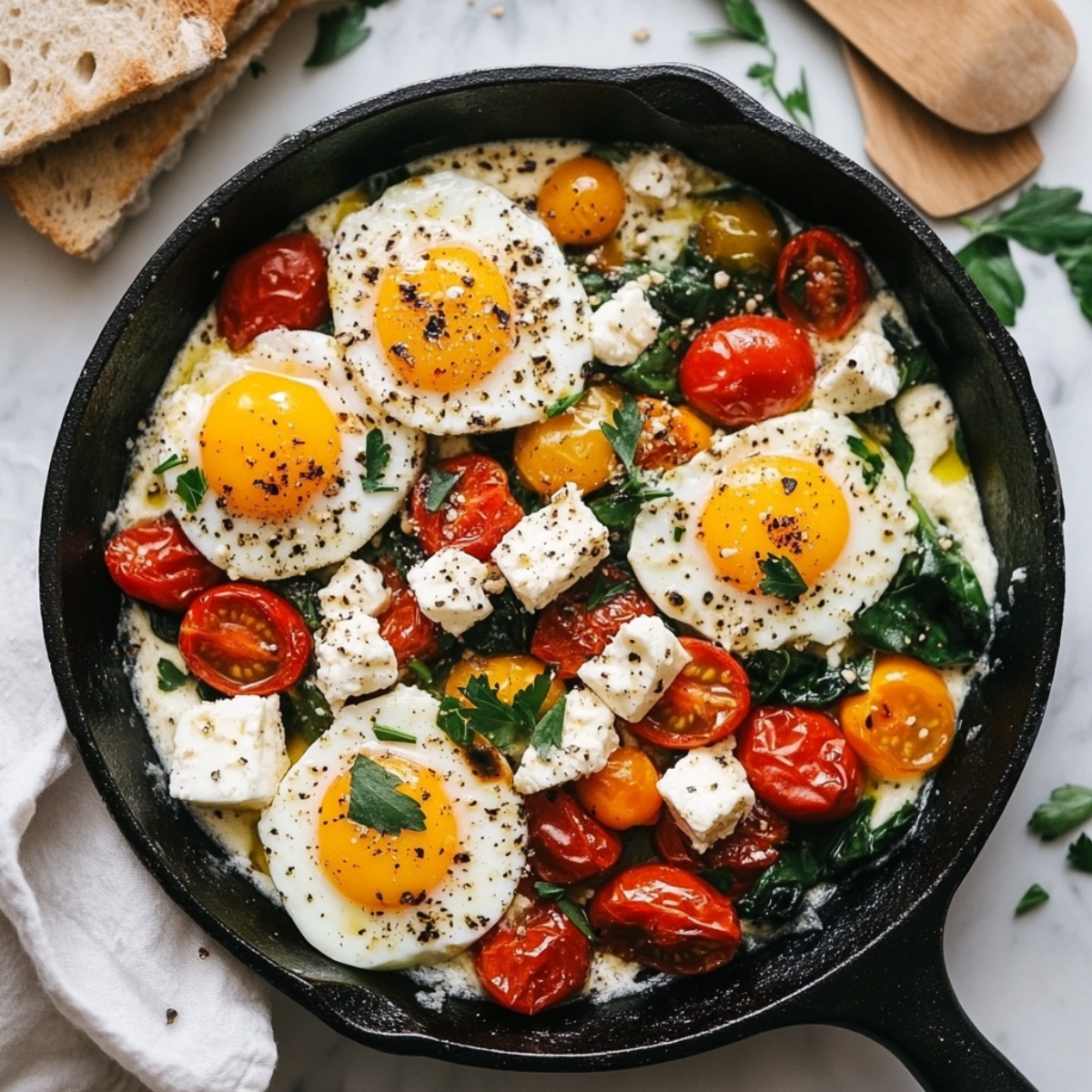 Top-down homemade photo of Mediterranean baked feta eggs in skillet
