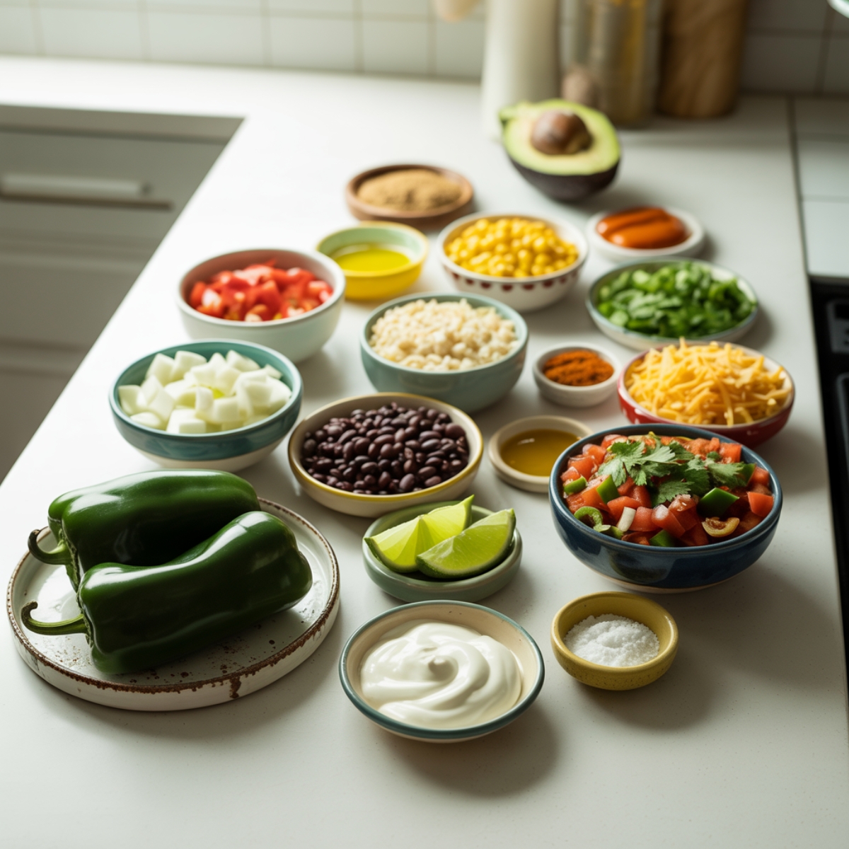 Ingredients for vegetarian stuffed poblano peppers in small bowls