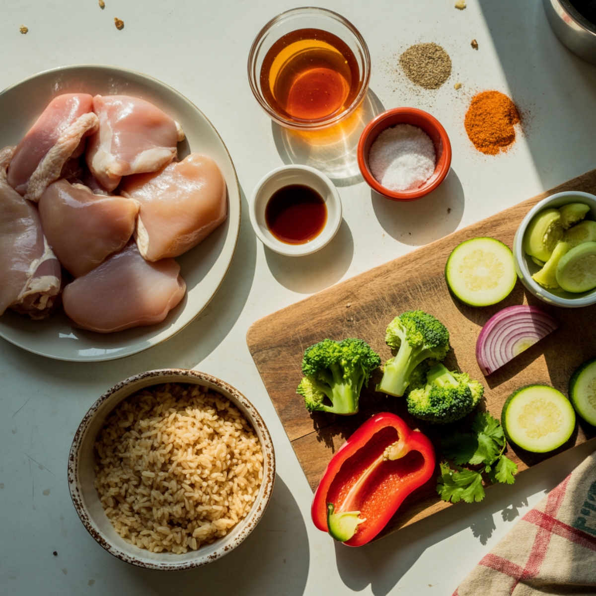 All ingredients for hot honey chicken bowls on a real kitchen counter


