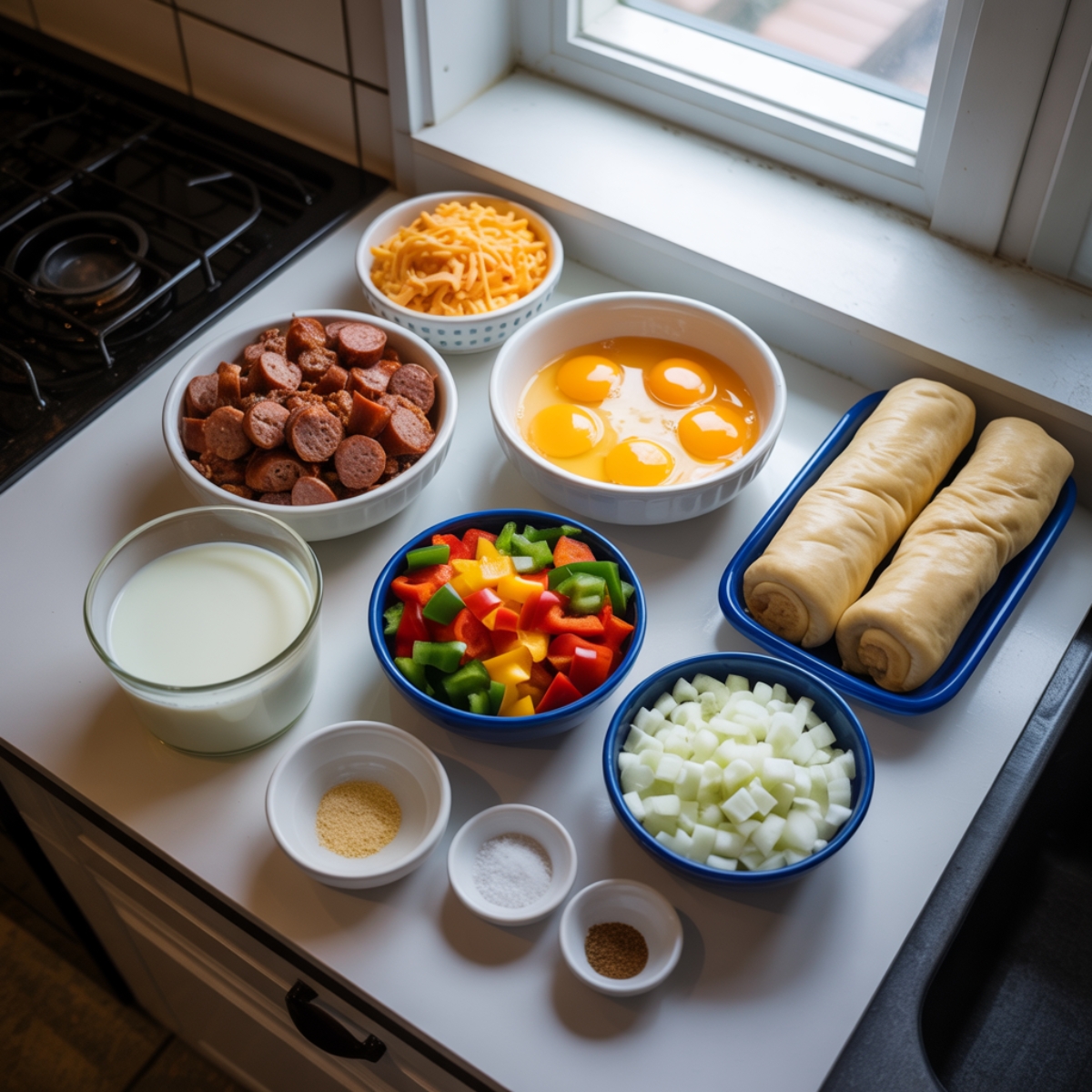 Ingredients in separate bowls for sausage and egg casserole

