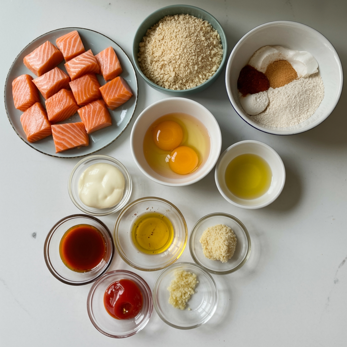 Overhead view of ingredients for crispy bang bang salmon bites on a white kitchen counter.