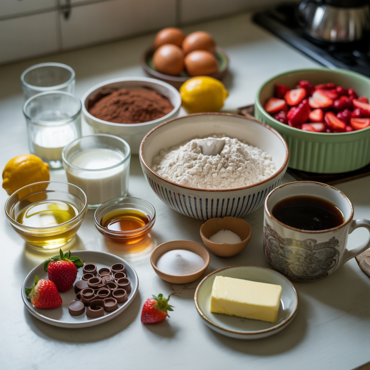 ingredients for strawberry chocolate cake on white counter