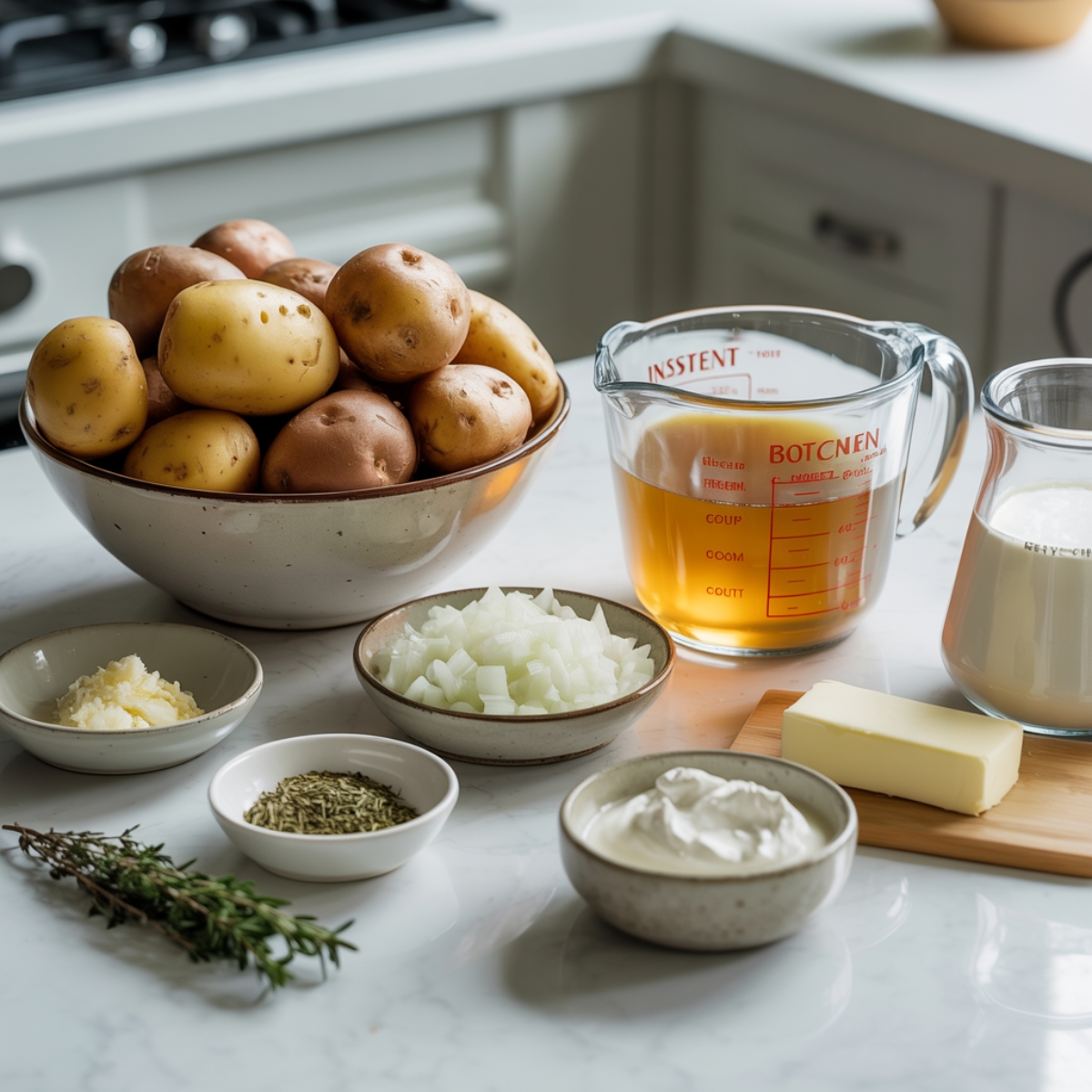 Ingredients for Instant Pot baked potato soup on white kitchen counter