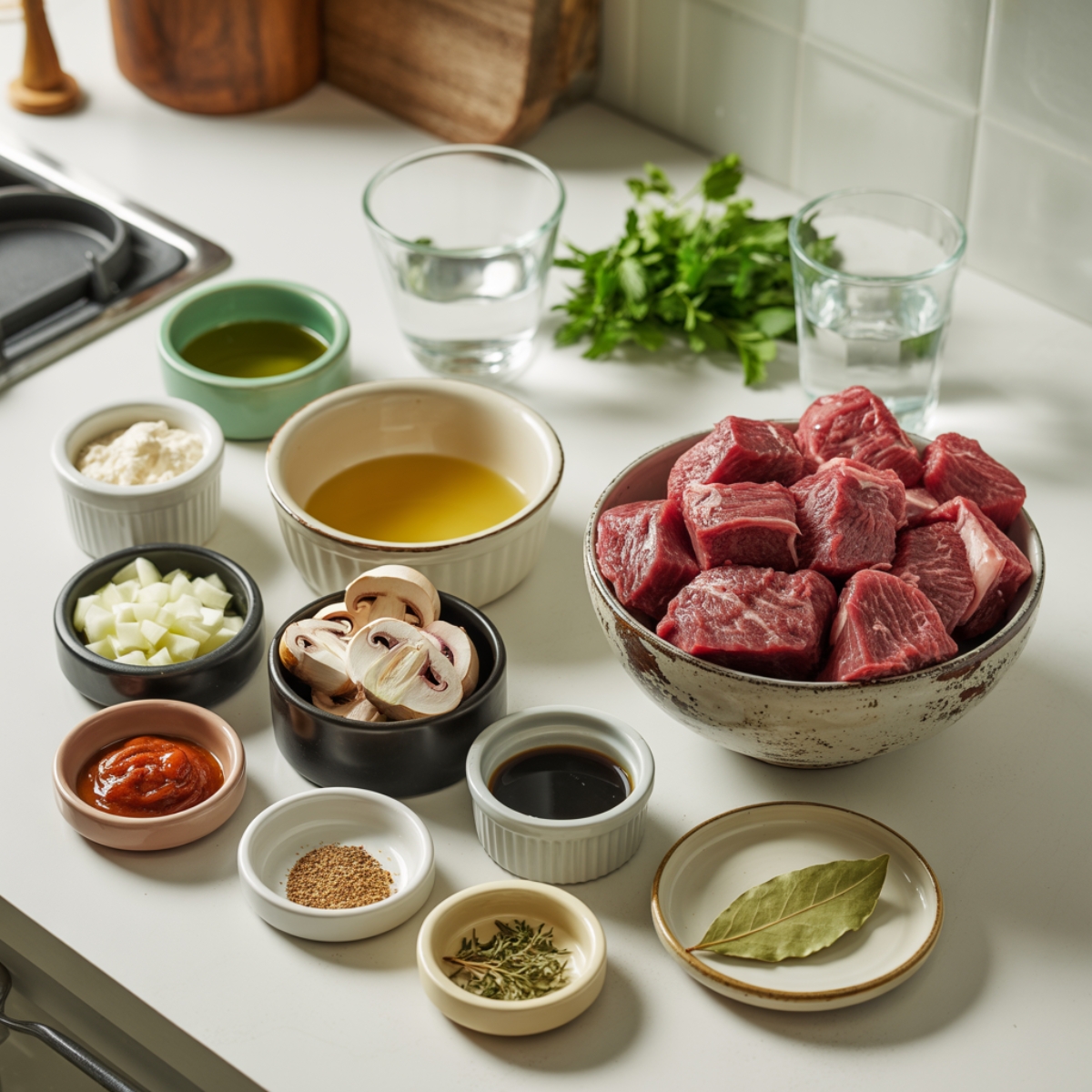 Individual ingredients for Instant Pot Beef Tips neatly arranged in separate bowls on a white kitchen counter, including cubed beef, onions, mushrooms, garlic, herbs, beef broth, and seasonings.