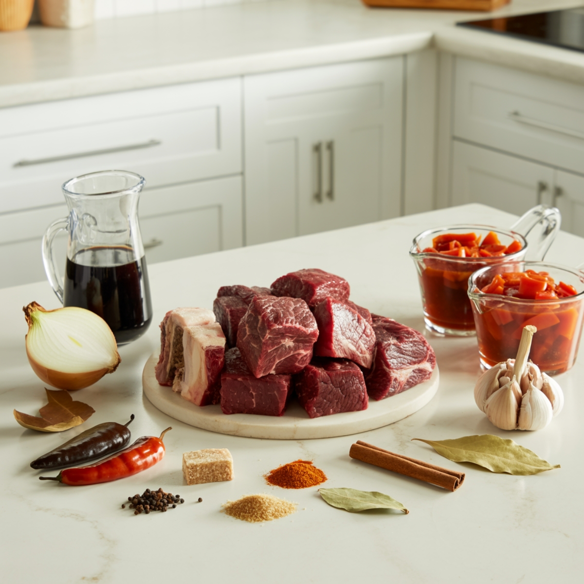 Birria taco ingredients in separate bowls on white kitchen counter

