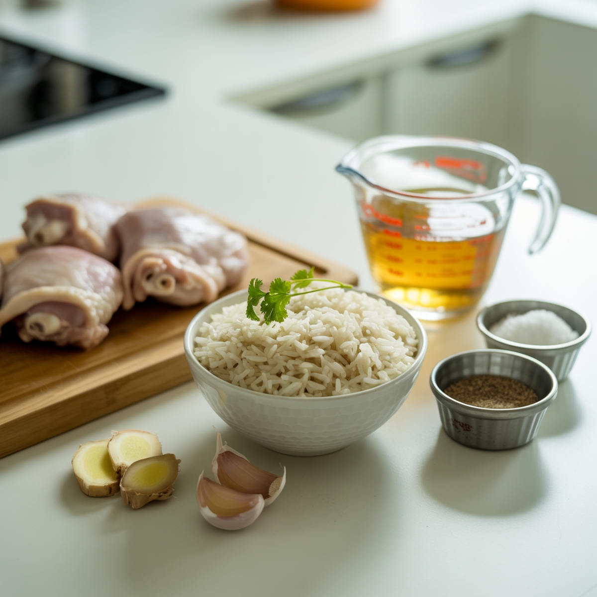 Ingredients for Instant Pot Chicken Congee on a white kitchen counter

