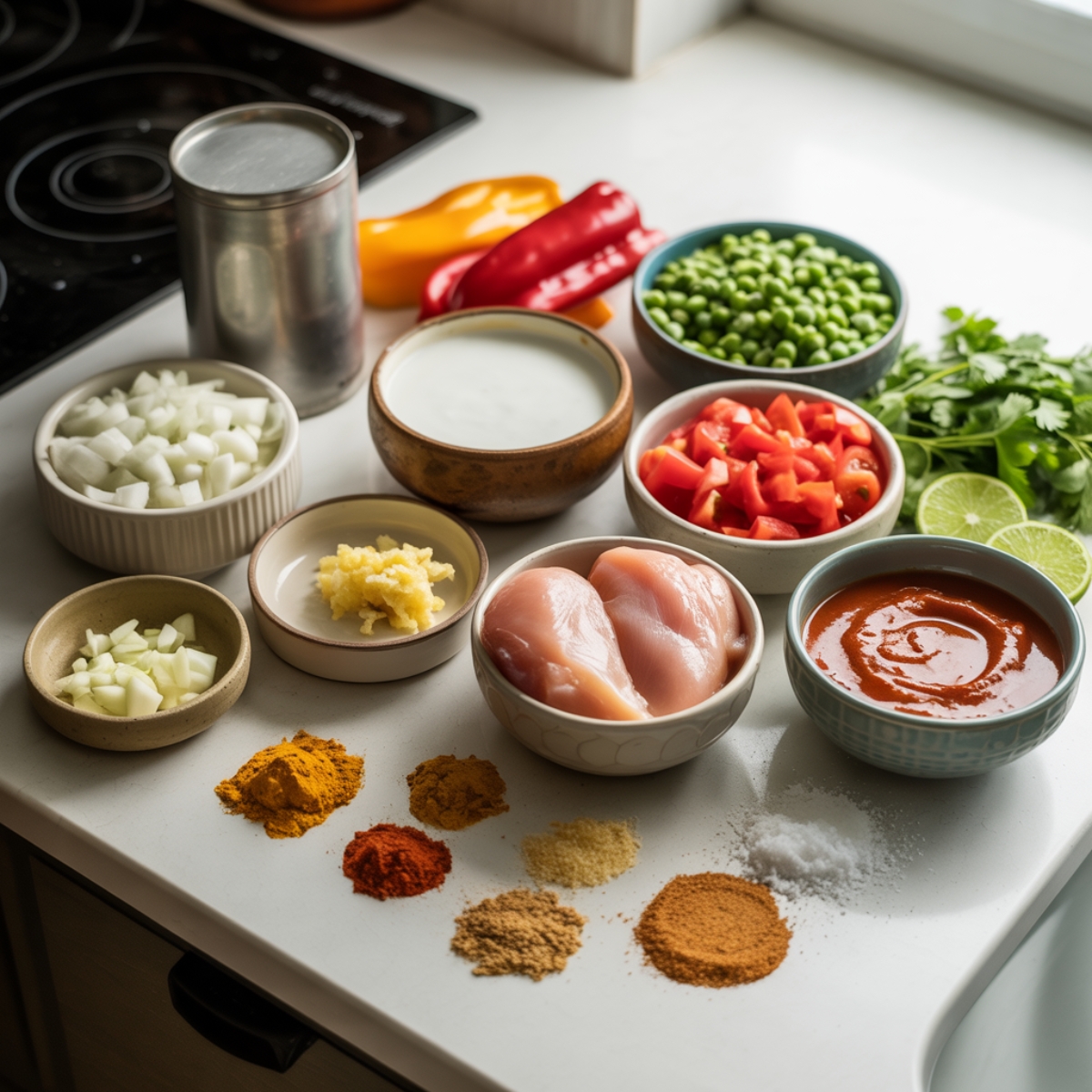  Flat lay of coconut chicken curry ingredients on white counter