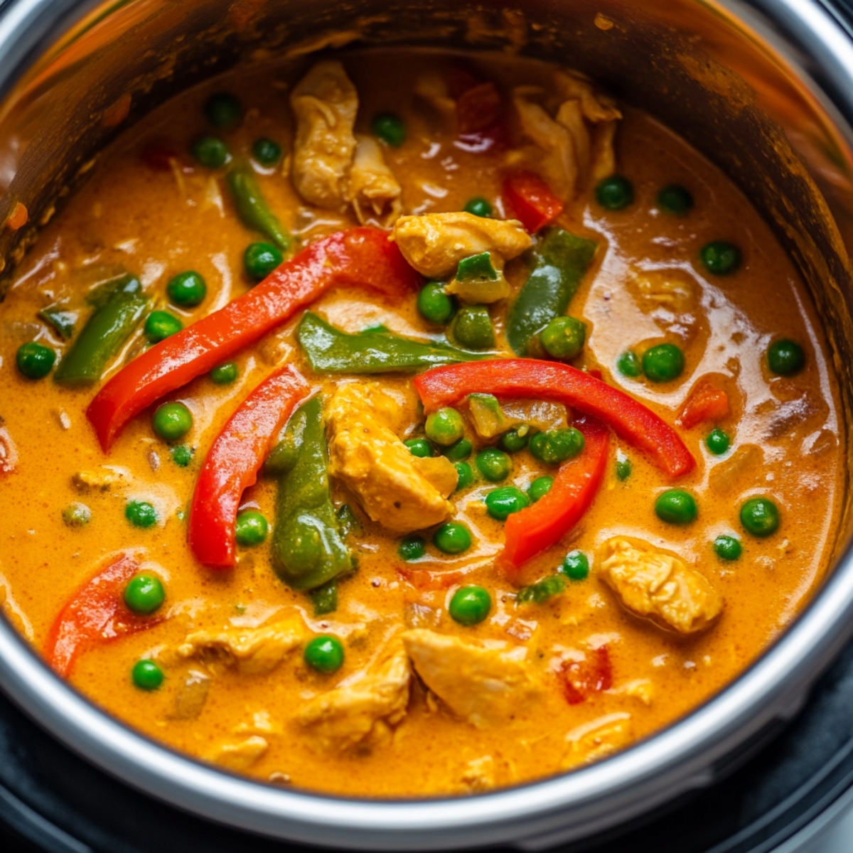 Finished coconut chicken curry with bell peppers and peas