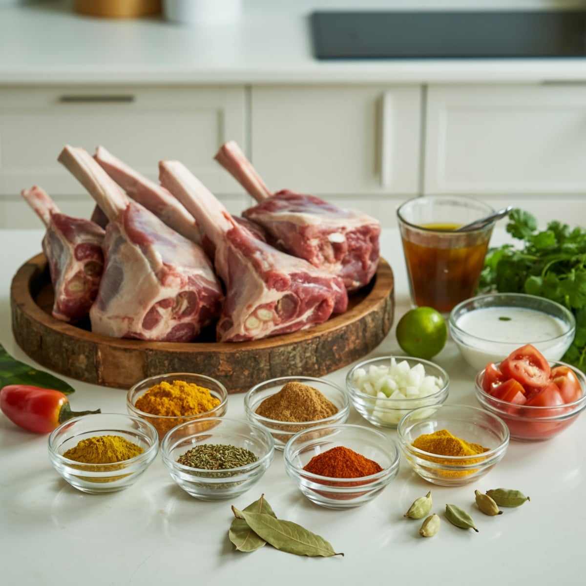 Fresh ingredients for Instant Pot goat curry on a white kitchen counter.
