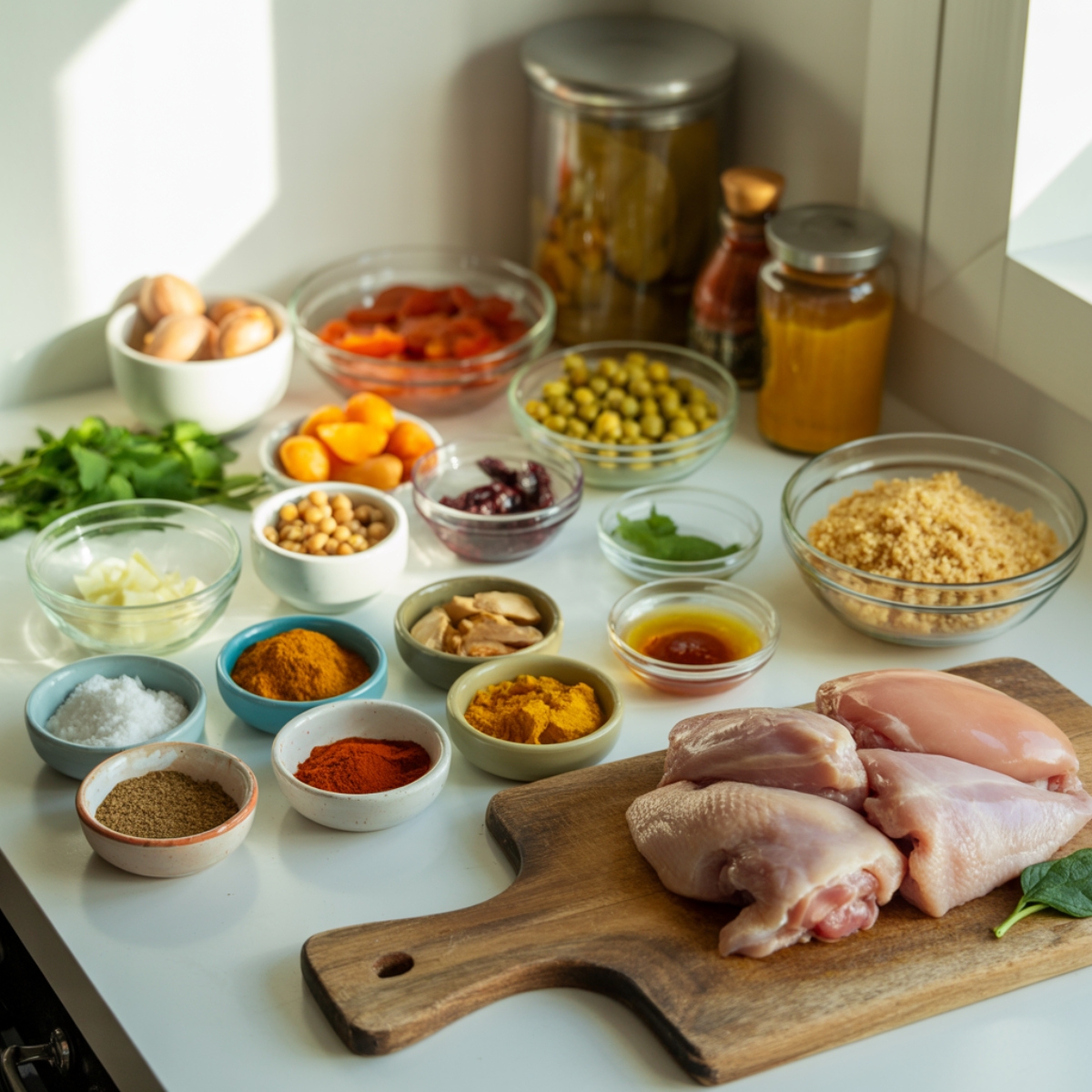 Top-down view of Instant Pot Moroccan Chicken ingredients in individual bowls on a white counter.