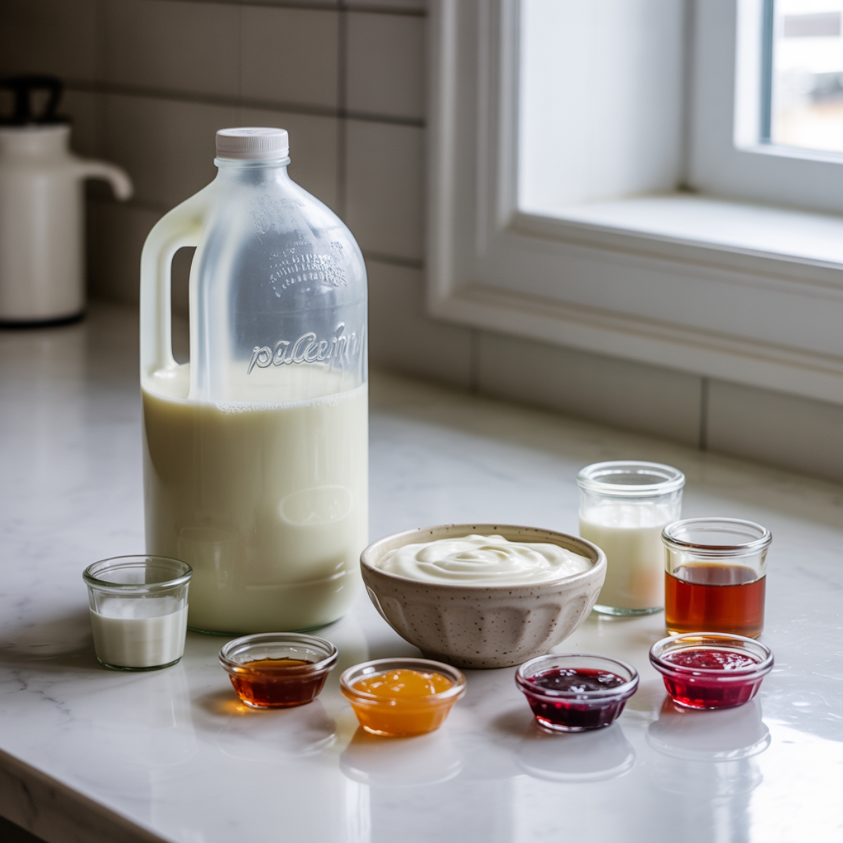 Instant Pot yogurt recipe ingredients on white kitchen counter

