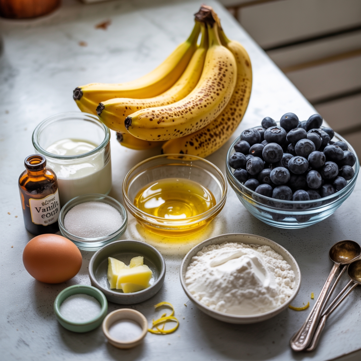 Lemon blueberry banana bread ingredients laid out on white counter
