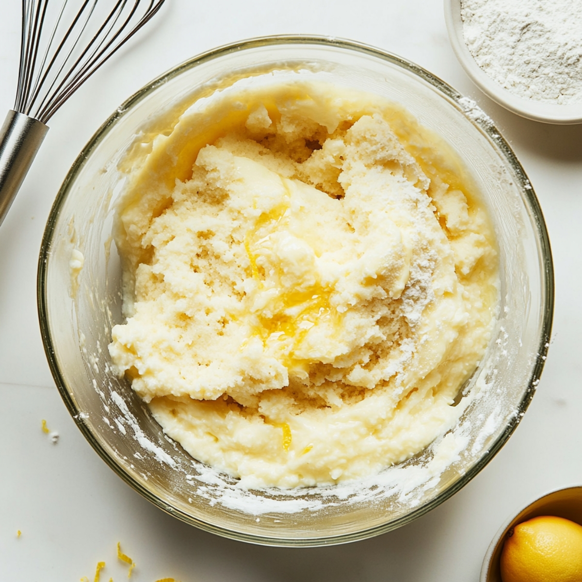 Wet and dry banana bread ingredients in bowls ready to mix
