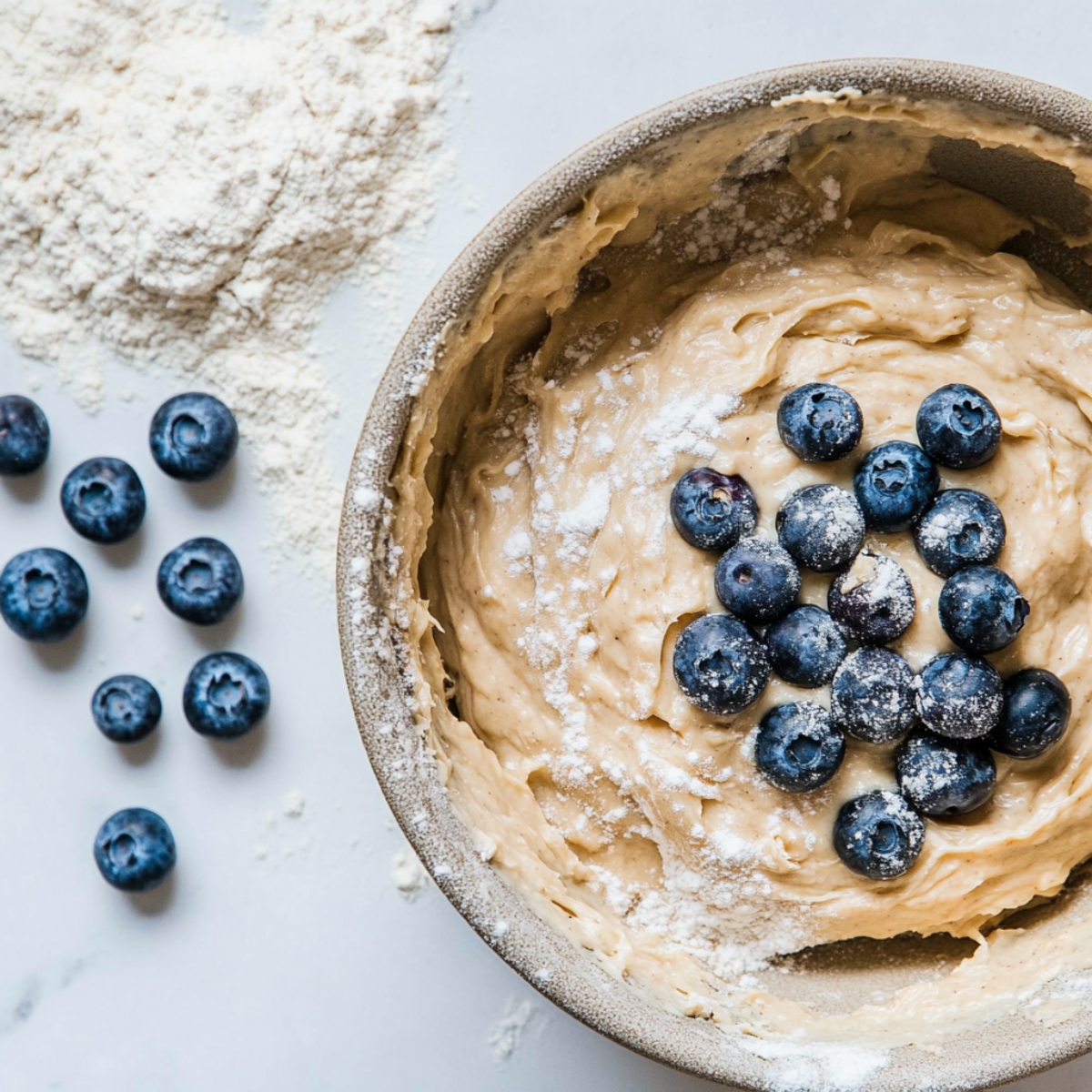 Banana bread batter with blueberries about to be folded in