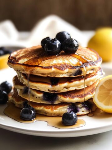 Fluffy lemon blueberry ricotta pancakes topped with syrup and berries