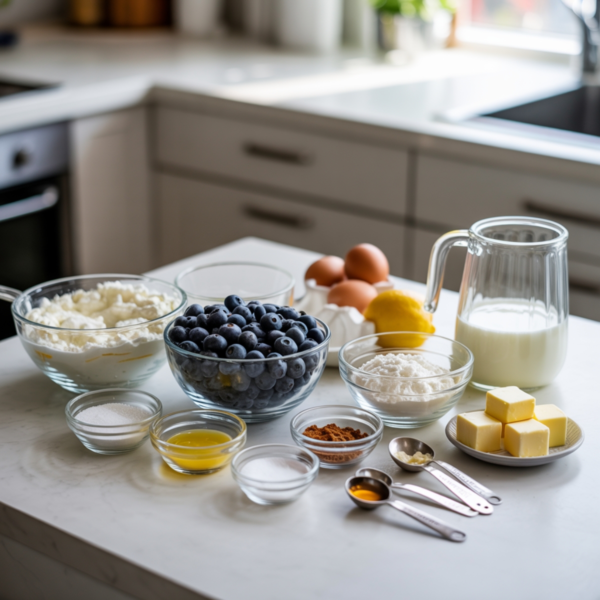 Ingredients for lemon blueberry ricotta pancakes on kitchen counter