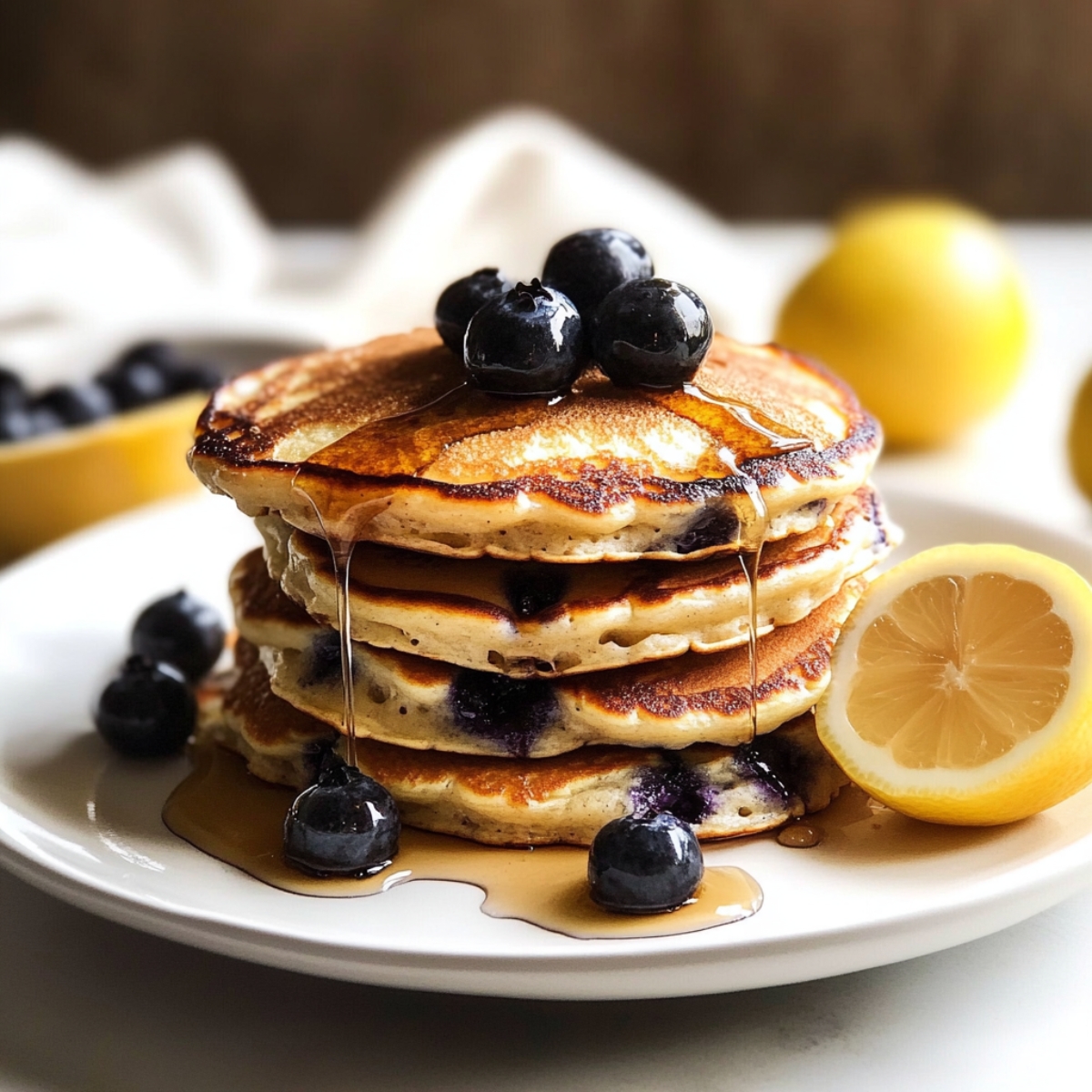 Fluffy lemon blueberry ricotta pancakes topped with syrup and berries
