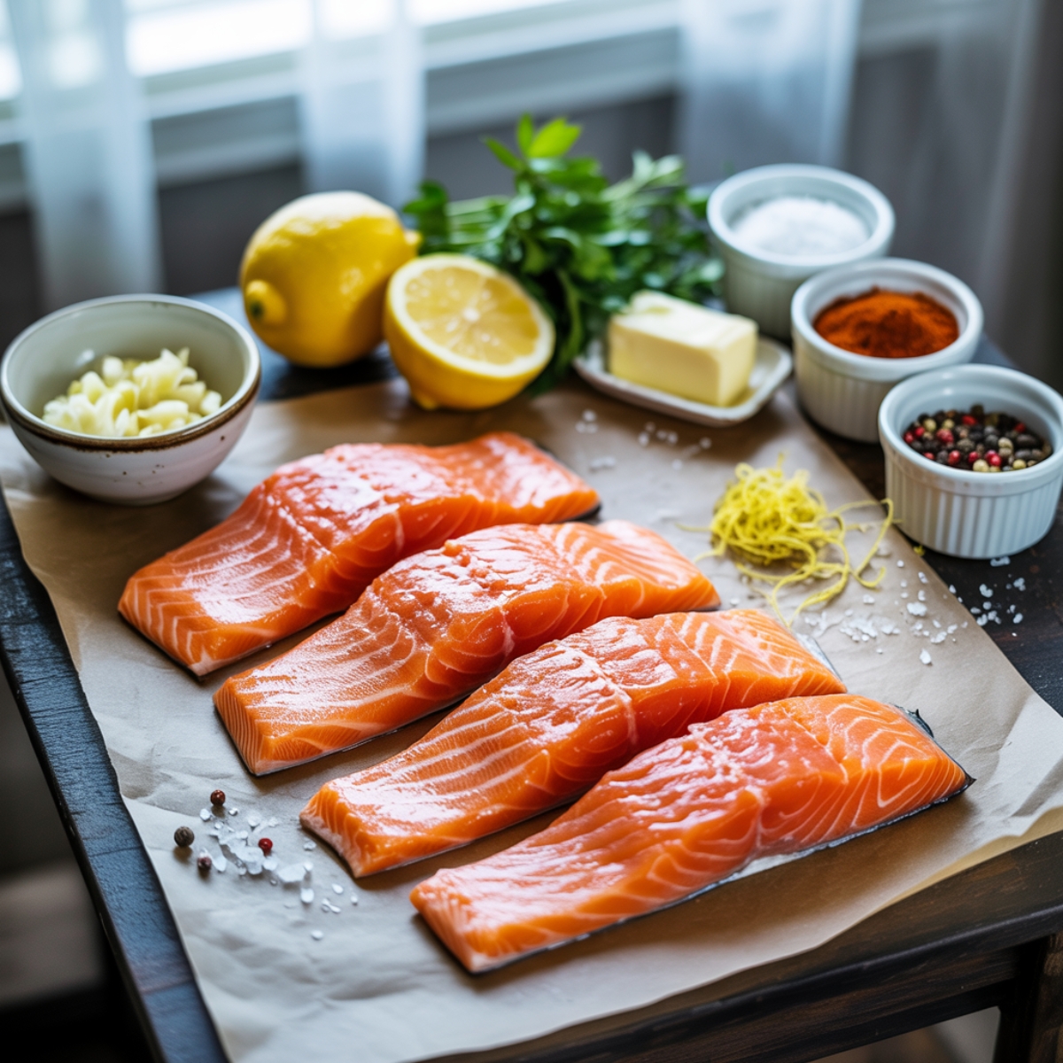 Ingredients for lemon garlic butter salmon recipe on white counter

