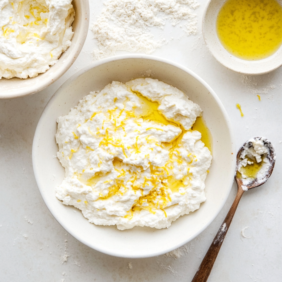 Lemon ricotta cheese spread on pizza dough on white counter