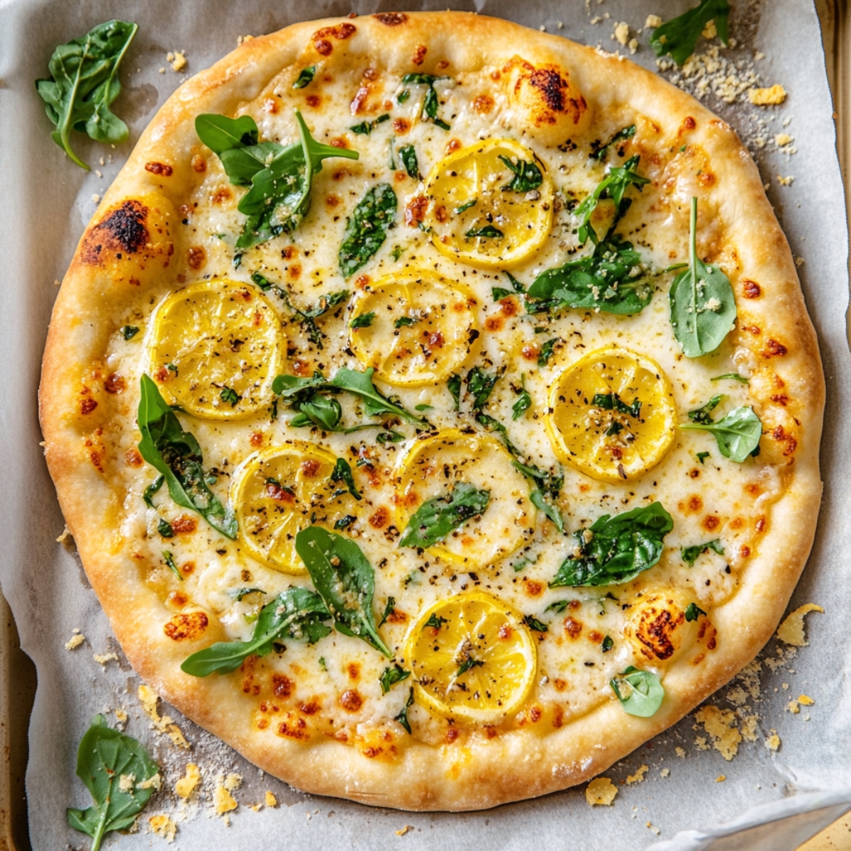 Finished lemon pizza topped with arugula and basil on kitchen counter
