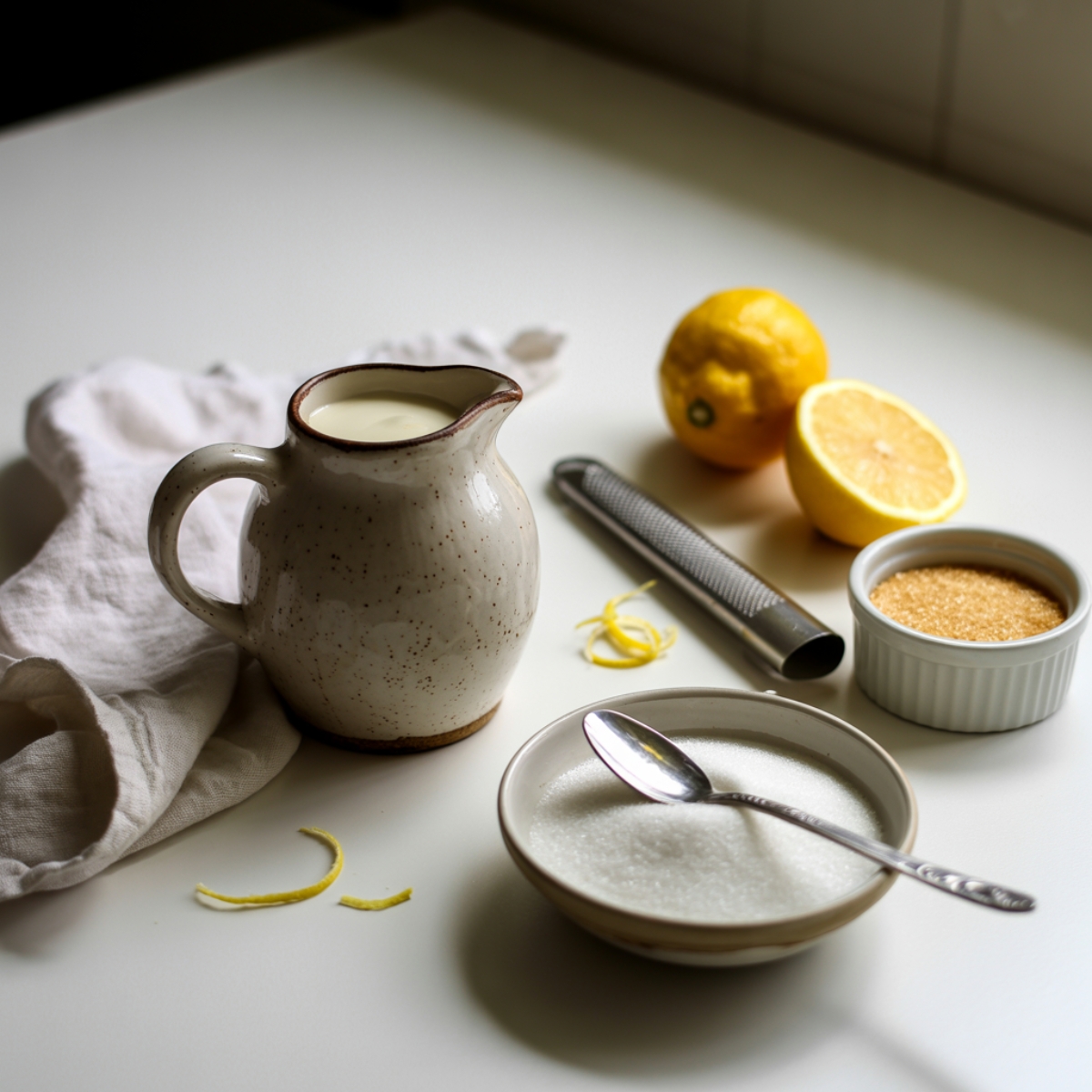 Ingredients on white counter for lemon posset brulee recipe with lemons, cream, and sugar