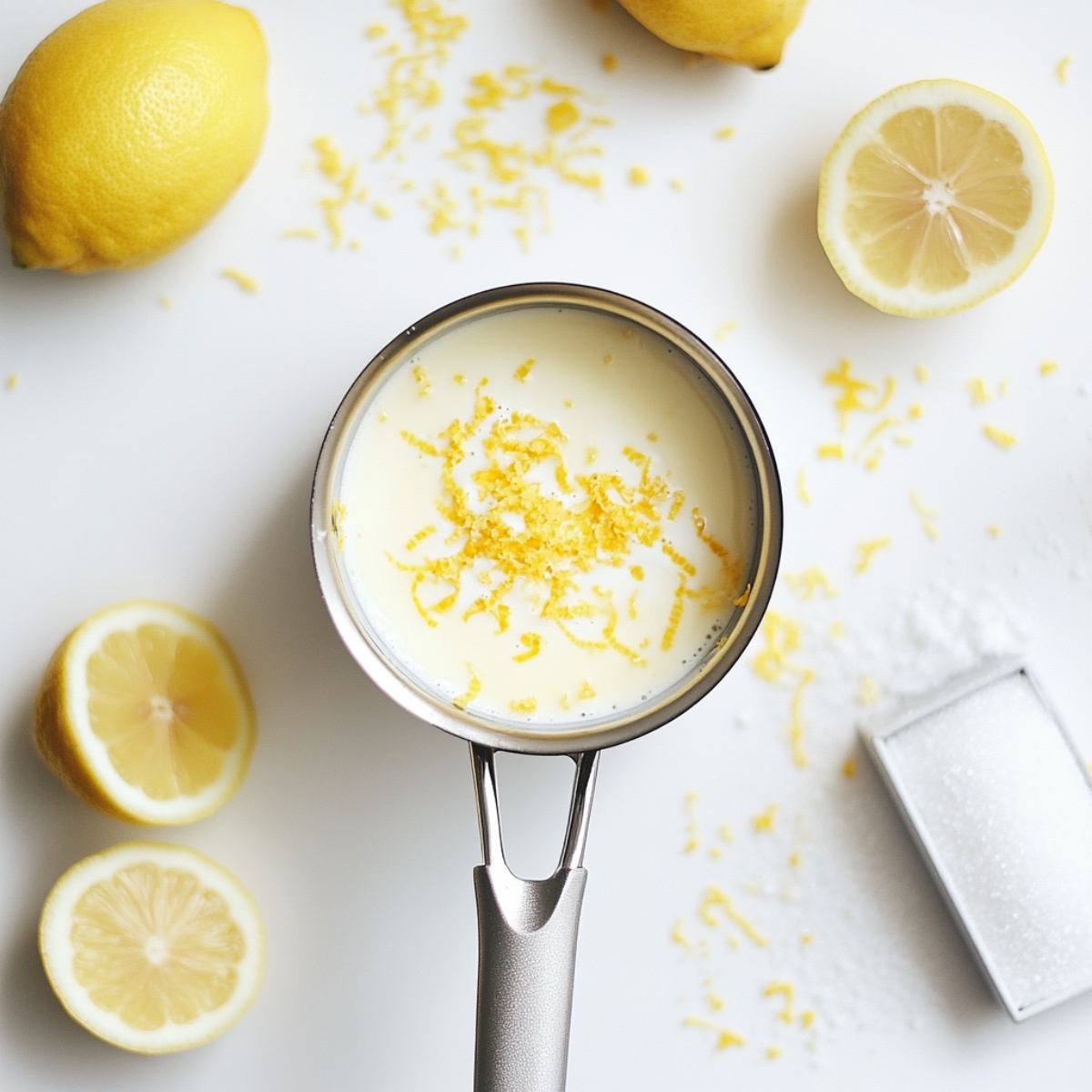 Cream and sugar mixture for lemon posset brulee recipe on white kitchen counter