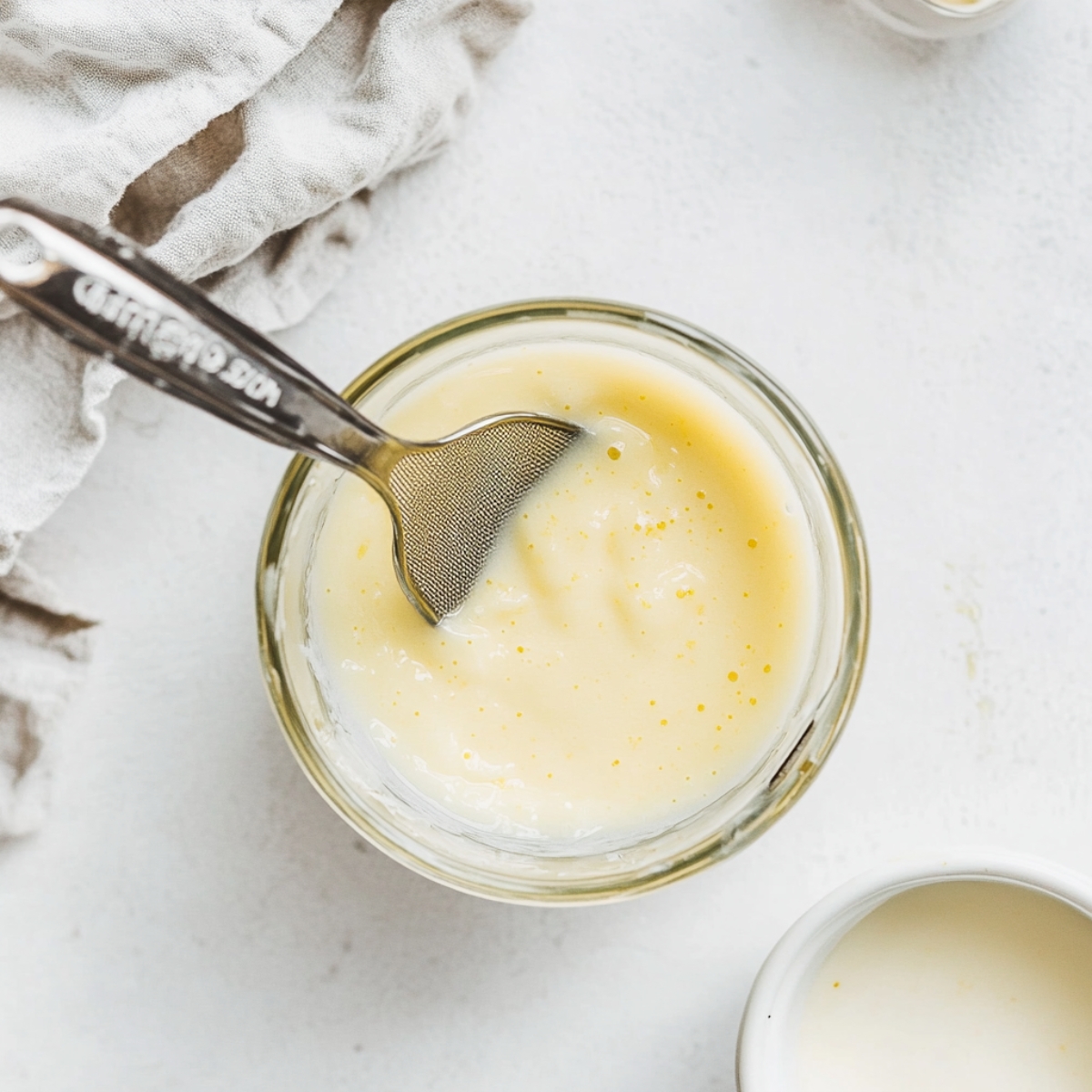 Strained lemon cream being poured into ramekins for lemon posset brulee recipe
