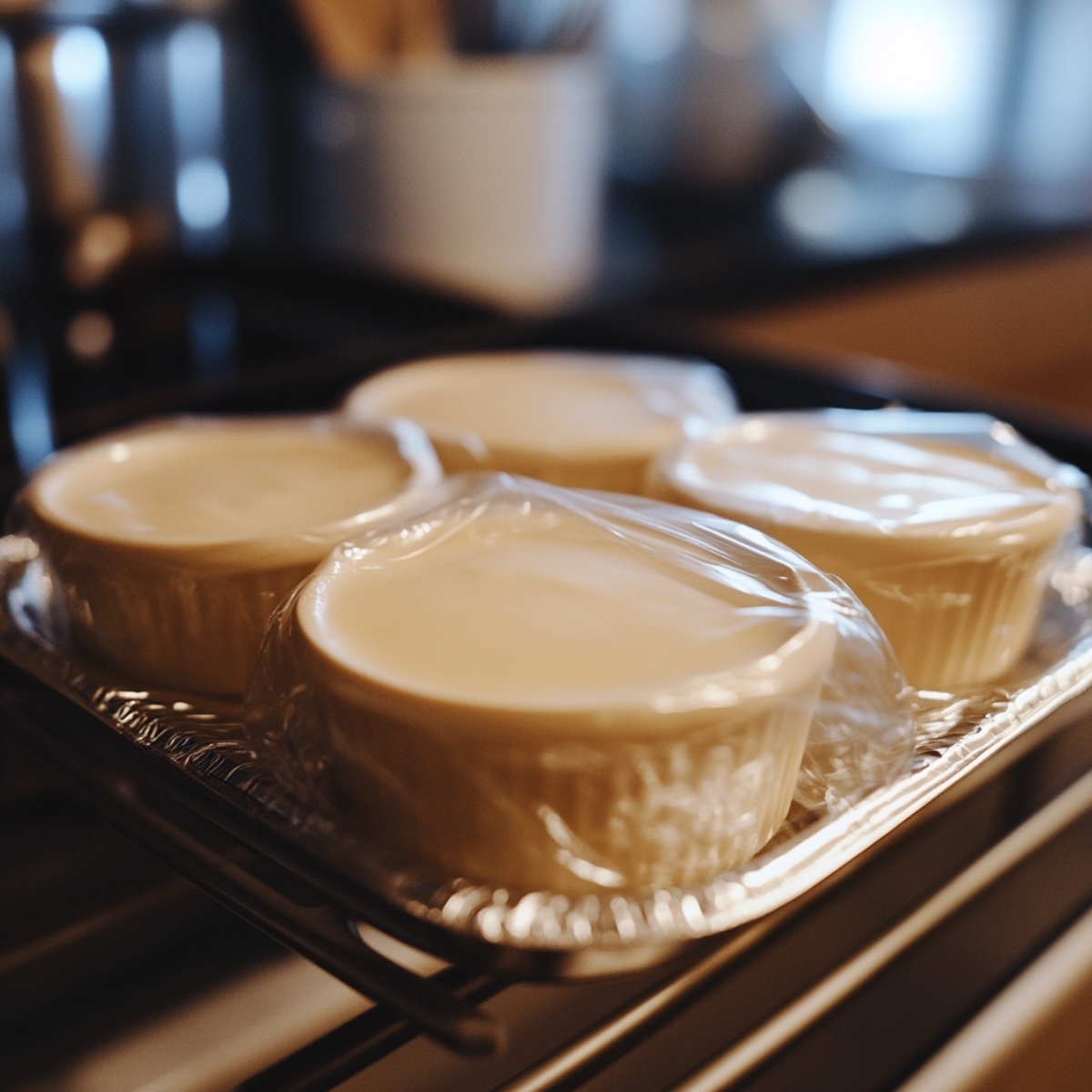 Chilled ramekins in fridge for lemon posset brulee recipe