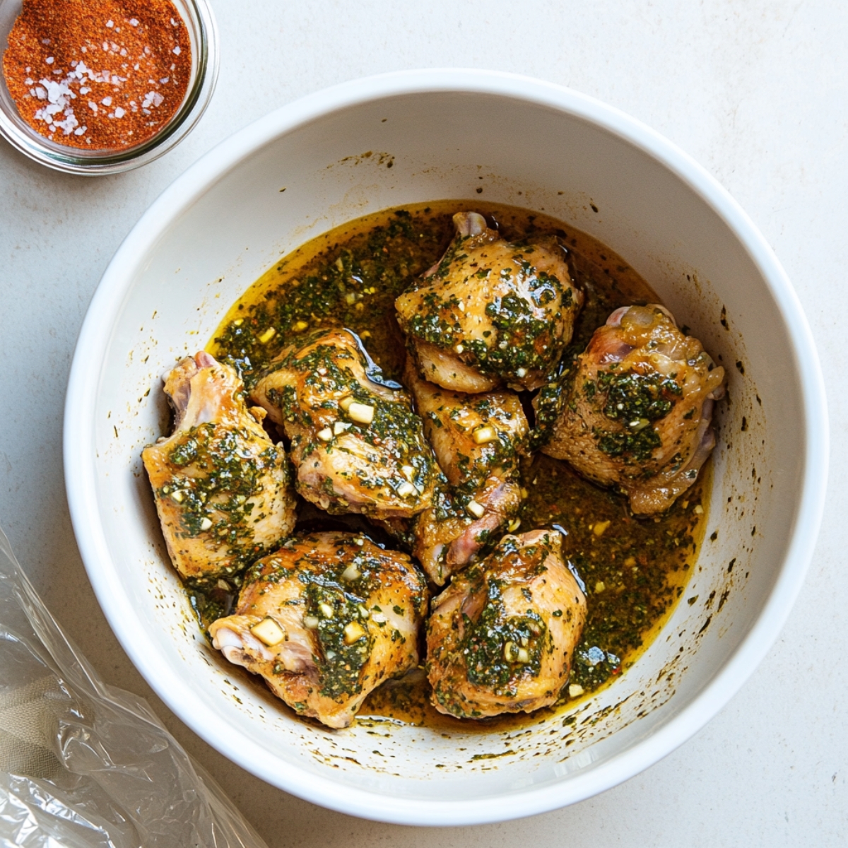 chicken thighs marinating in chimichurri sauce