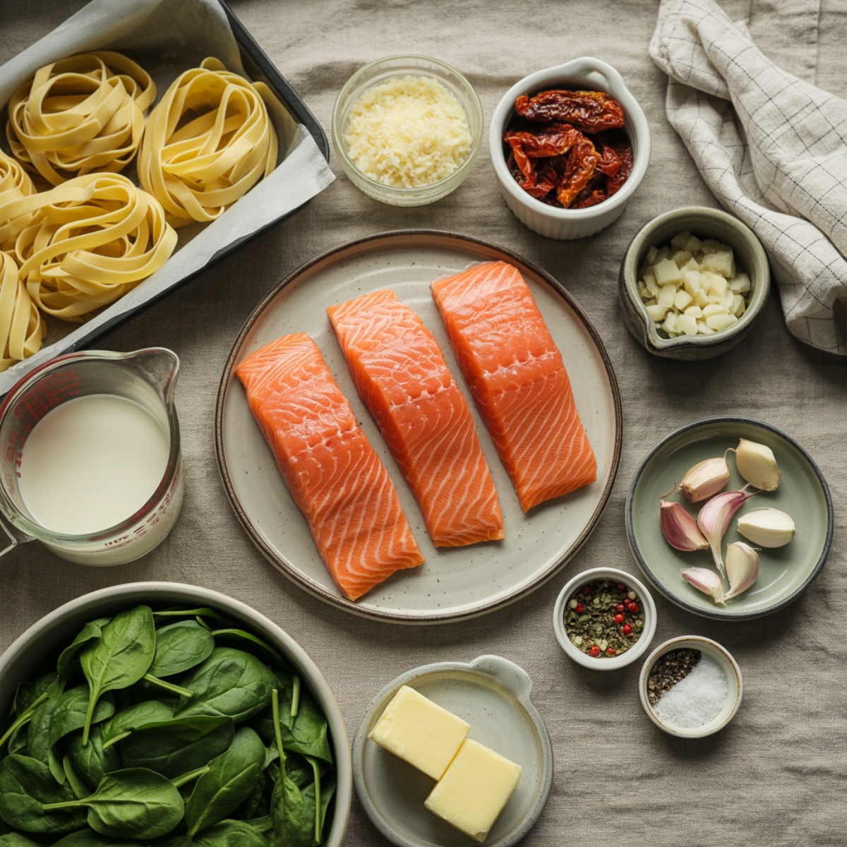 individual salmon pasta ingredients in bowls on white counter

