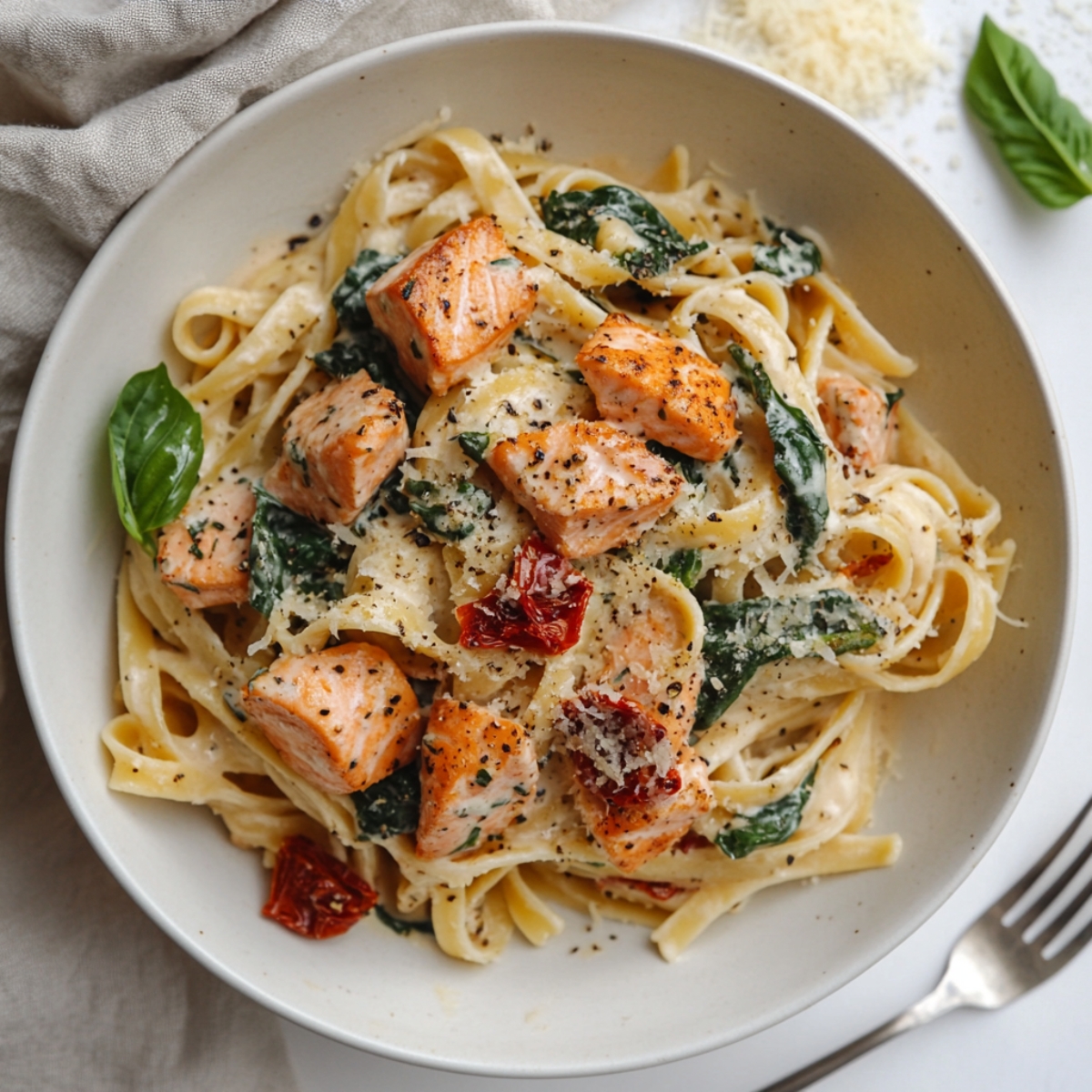 Marry Me Salmon Pasta served on a white plate
