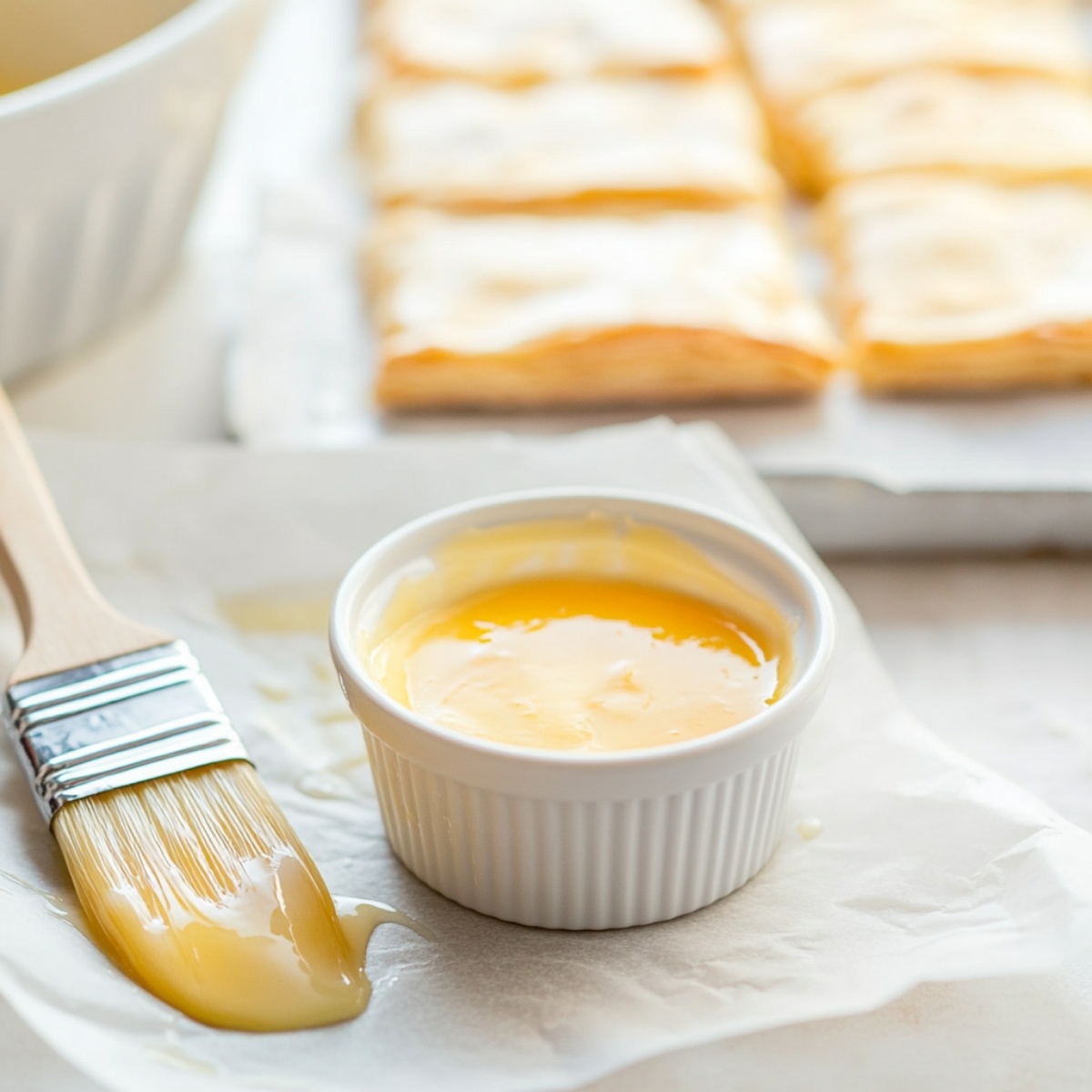 Homemade puff pastry rectangles brushed with egg wash on baking tray