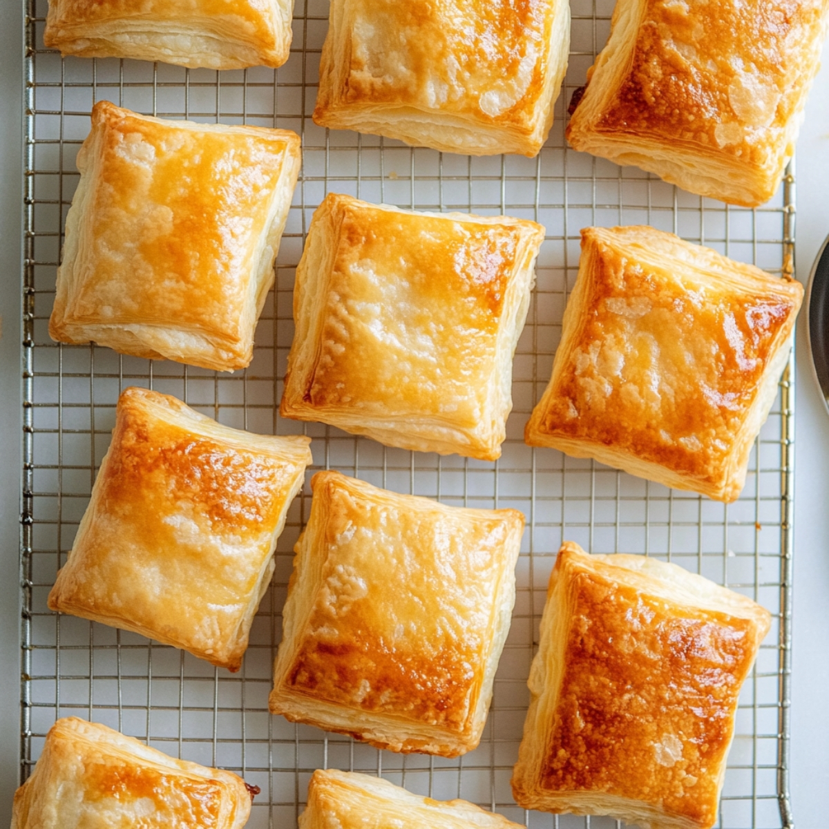 Golden baked puff pastry shells cooling on tray