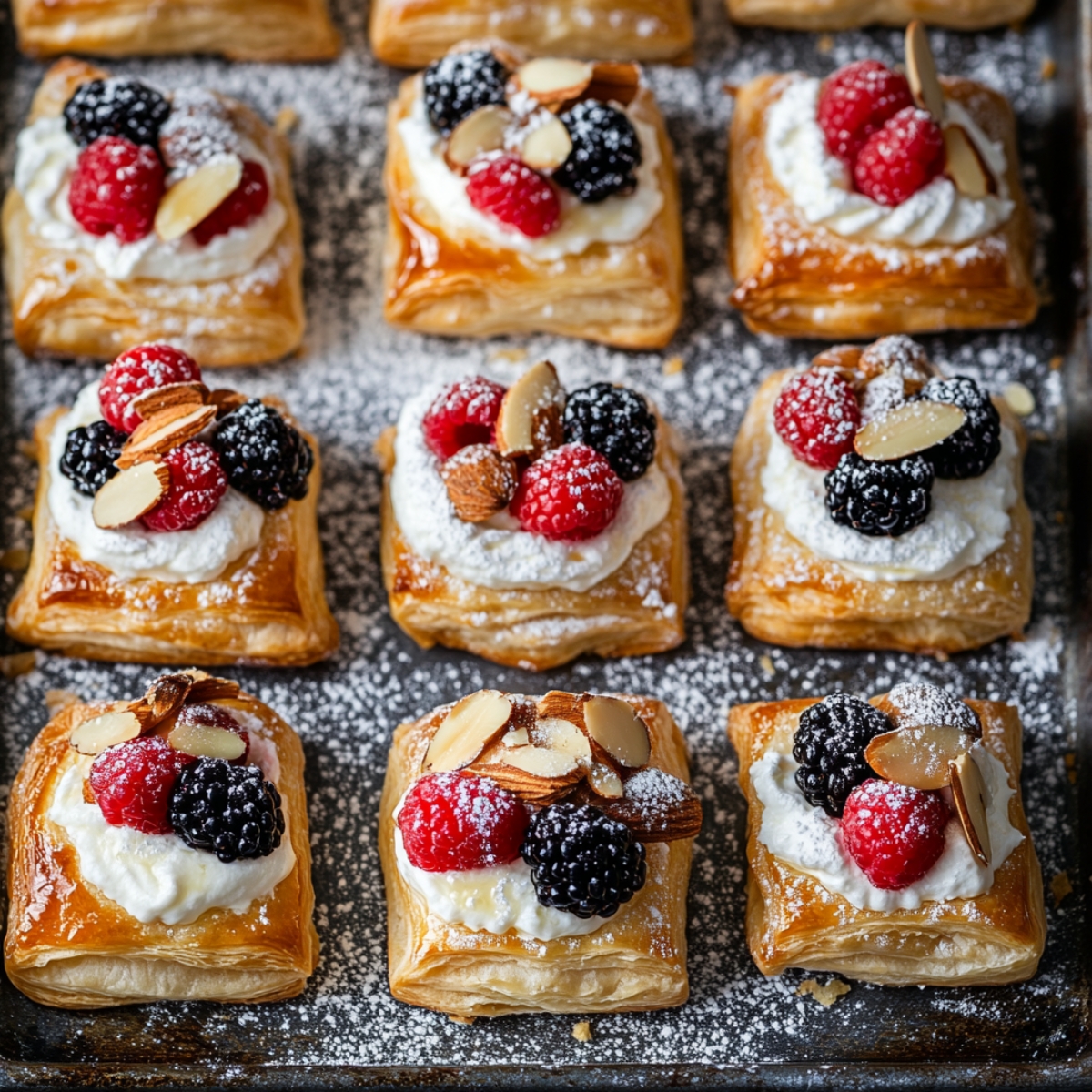 Assembled mascarpone puff pastries topped with berries and nuts

