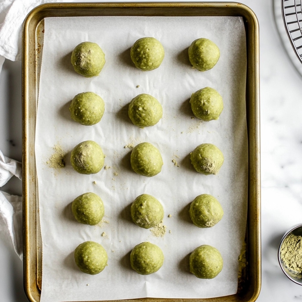 Matcha cookie dough balls on baking sheet