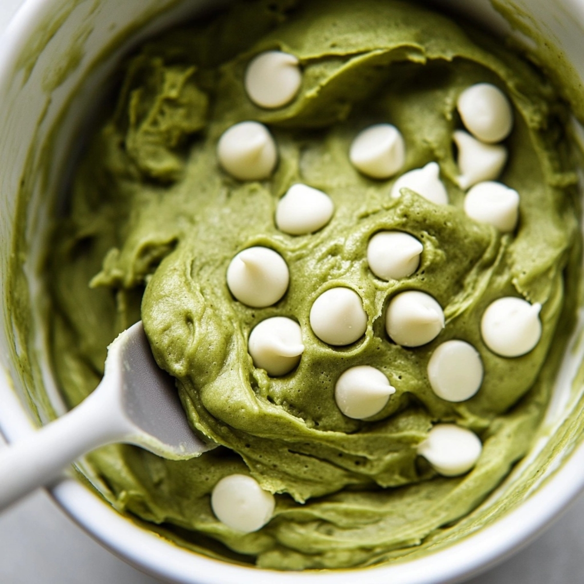 Matcha cookie dough with white chocolate chips folded in