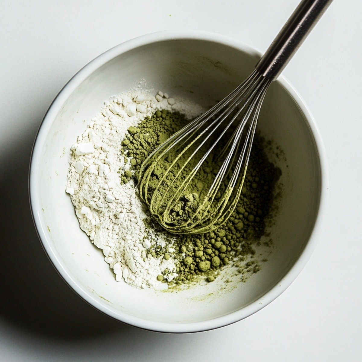 Matcha cookie dry ingredients whisked in white bowl